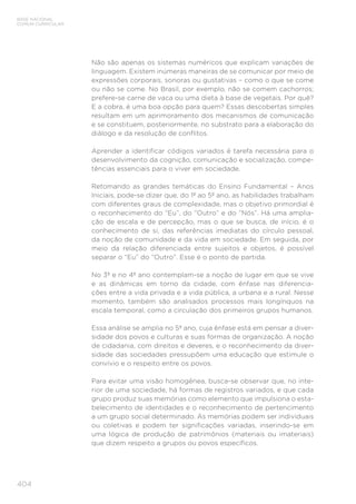 BASE NACIONAL
COMUM CURRICULAR
404
Não são apenas os sistemas numéricos que explicam variações de
linguagem. Existem inúmeras maneiras de se comunicar por meio de
expressões corporais, sonoras ou gustativas – como o que se come
ou não se come. No Brasil, por exemplo, não se comem cachorros;
prefere-se carne de vaca ou uma dieta à base de vegetais. Por quê?
E a cobra, é uma boa opção para quem? Essas descobertas simples
resultam em um aprimoramento dos mecanismos de comunicação
e se constituem, posteriormente, no substrato para a elaboração do
diálogo e da resolução de conflitos.
Aprender a identificar códigos variados é tarefa necessária para o
desenvolvimento da cognição, comunicação e socialização, compe-
tências essenciais para o viver em sociedade.
Retomando as grandes temáticas do Ensino Fundamental – Anos
Iniciais, pode-se dizer que, do 1º ao 5º ano, as habilidades trabalham
com diferentes graus de complexidade, mas o objetivo primordial é
o reconhecimento do “Eu”, do “Outro” e do “Nós”. Há uma amplia-
ção de escala e de percepção, mas o que se busca, de início, é o
conhecimento de si, das referências imediatas do círculo pessoal,
da noção de comunidade e da vida em sociedade. Em seguida, por
meio da relação diferenciada entre sujeitos e objetos, é possível
separar o “Eu” do “Outro”. Esse é o ponto de partida.
No 3º e no 4º ano contemplam-se a noção de lugar em que se vive
e as dinâmicas em torno da cidade, com ênfase nas diferencia-
ções entre a vida privada e a vida pública, a urbana e a rural. Nesse
momento, também são analisados processos mais longínquos na
escala temporal, como a circulação dos primeiros grupos humanos.
Essa análise se amplia no 5º ano, cuja ênfase está em pensar a diver-
sidade dos povos e culturas e suas formas de organização. A noção
de cidadania, com direitos e deveres, e o reconhecimento da diver-
sidade das sociedades pressupõem uma educação que estimule o
convívio e o respeito entre os povos.
Para evitar uma visão homogênea, busca-se observar que, no inte-
rior de uma sociedade, há formas de registros variados, e que cada
grupo produz suas memórias como elemento que impulsiona o esta-
belecimento de identidades e o reconhecimento de pertencimento
a um grupo social determinado. As memórias podem ser individuais
ou coletivas e podem ter significações variadas, inserindo-se em
uma lógica de produção de patrimônios (materiais ou imateriais)
que dizem respeito a grupos ou povos específicos.
 