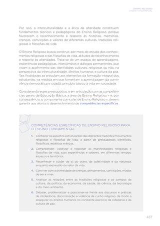 ENSINO RELIGIOSO
ENSINO FUNDAMENTAL
437
COMPETÊNCIAS ESPECÍFICAS DE ENSINO RELIGIOSO PARA
O ENSINO FUNDAMENTAL
1.	 Conhecer os aspectos estruturantes das diferentes tradições/movimentos
religiosos e filosofias de vida, a partir de pressupostos científicos,
filosóficos, estéticos e éticos.
2.	 Compreender, valorizar e respeitar as manifestações religiosas e
filosofias de vida, suas experiências e saberes, em diferentes tempos,
espaços e territórios.
3.	 Reconhecer e cuidar de si, do outro, da coletividade e da natureza,
enquanto expressão de valor da vida.
4.	 Conviver com a diversidade de crenças, pensamentos, convicções, modos
de ser e viver.
5.	 Analisar as relações entre as tradições religiosas e os campos da
cultura, da política, da economia, da saúde, da ciência, da tecnologia
e do meio ambiente.
6.	 Debater, problematizar e posicionar-se frente aos discursos e práticas
de intolerância, discriminação e violência de cunho religioso, de modo a
assegurar os direitos humanos no constante exercício da cidadania e da
cultura de paz.
Por isso, a interculturalidade e a ética da alteridade constituem
fundamentos teóricos e pedagógicos do Ensino Religioso, porque
favorecem o reconhecimento e respeito às histórias, memórias,
crenças, convicções e valores de diferentes culturas, tradições reli-
giosas e filosofias de vida.
O Ensino Religioso busca construir, por meio do estudo dos conheci-
mentos religiosos e das filosofias de vida, atitudes de reconhecimento
e respeito às alteridades. Trata-se de um espaço de aprendizagens,
experiências pedagógicas, intercâmbios e diálogos permanentes, que
visam o acolhimento das identidades culturais, religiosas ou não, na
perspectiva da interculturalidade, direitos humanos e cultura da paz.
Tais finalidades se articulam aos elementos da formação integral dos
estudantes, na medida em que fomentam a aprendizagem da convi-
vência democrática e cidadã, princípio básico à vida em sociedade.
Considerando esses pressupostos, e em articulação com as competên-
cias gerais da Educação Básica, a área de Ensino Religioso – e, por
consequência, o componente curricular de Ensino Religioso –, devem
garantir aos alunos o desenvolvimento de competências específicas.
 