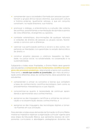 467
ENSINO MÉDIO
•	 compreender que a sociedade é formada por pessoas que per-
tencem a grupos étnico-raciais distintos, que possuem cultura
e história próprias, igualmente valiosas, e que em conjunto
constroem, na nação brasileira, sua história;
•	 promover o diálogo, o entendimento e a solução não violenta
de conflitos, possibilitando a manifestação de opiniões e pontos
de vista diferentes, divergentes ou opostos;
•	 combater estereótipos, discriminações de qualquer natureza
e violações de direitos de pessoas ou grupos sociais, favore-
cendo o convívio com a diferença;
•	 valorizar sua participação política e social e a dos outros, res-
peitando as liberdades civis garantidas no estado democrático
de direito; e
•	 construir projetos pessoais e coletivos baseados na liber-
dade, na justiça social, na solidariedade, na cooperação e na
sustentabilidade.
Subjacente a todas essas finalidades, o Ensino Médio deve garantir
aos estudantes a compreensão dos fundamentos científico-tecnoló-
gicos dos processos produtivos, relacionando a teoria com a prática.
Para tanto, a escola que acolhe as juventudes, por meio da articu-
lação entre diferentes áreas do conhecimento, deve possibilitar aos
estudantes:
•	 compreender e utilizar os conceitos e teorias que compõem
a base do conhecimento científico-tecnológico, bem como os
procedimentos metodológicos e suas lógicas;
•	 conscientizar-se quanto à necessidade de continuar apren-
dendo e aprimorando seus conhecimentos;
•	 apropriar-se das linguagens científicas e utilizá-las na comuni-
cação e na disseminação desses conhecimentos; e
•	 apropriar-se das linguagens das tecnologias digitais e tornar-
-se fluentes em sua utilização.
Para atender a todas essas demandas de formação no Ensino Médio,
mostra-se imperativo repensar a organização curricular vigente para
essa etapa da Educação Básica, que apresenta excesso de com-
ponentes curriculares e abordagens pedagógicas distantes das
 