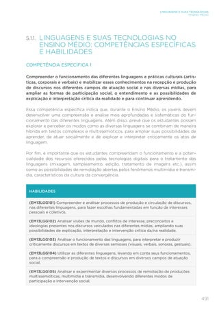 491
LINGUAGENS E SUAS TECNOLOGIAS
ENSINO MÉDIO
5.1.1. 
LINGUAGENS E SUAS TECNOLOGIAS NO
ENSINO MÉDIO: COMPETÊNCIAS ESPECÍFICAS
E HABILIDADES
COMPETÊNCIA ESPECÍFICA 1
Compreender o funcionamento das diferentes linguagens e práticas culturais (artís-
ticas, corporais e verbais) e mobilizar esses conhecimentos na recepção e produção
de discursos nos diferentes campos de atuação social e nas diversas mídias, para
ampliar as formas de participação social, o entendimento e as possibilidades de
explicação e interpretação crítica da realidade e para continuar aprendendo.
Essa competência específica indica que, durante o Ensino Médio, os jovens devem
desenvolver uma compreensão e análise mais aprofundadas e sistemáticas do fun-
cionamento das diferentes linguagens. Além disso, prevê que os estudantes possam
explorar e perceber os modos como as diversas linguagens se combinam de maneira
híbrida em textos complexos e multissemióticos, para ampliar suas possibilidades de
aprender, de atuar socialmente e de explicar e interpretar criticamente os atos de
linguagem.
Por fim, é importante que os estudantes compreendam o funcionamento e a poten-
cialidade dos recursos oferecidos pelas tecnologias digitais para o tratamento das
linguagens (mixagem, sampleamento, edição, tratamento de imagens etc.), assim
como as possibilidades de remidiação abertas pelos fenômenos multimídia e transmí-
dia, característicos da cultura da convergência.
HABILIDADES
(EM13LGG101) Compreender e analisar processos de produção e circulação de discursos,
nas diferentes linguagens, para fazer escolhas fundamentadas em função de interesses
pessoais e coletivos.
(EM13LGG102) Analisar visões de mundo, conflitos de interesse, preconceitos e
ideologias presentes nos discursos veiculados nas diferentes mídias, ampliando suas
possibilidades de explicação, interpretação e intervenção crítica da/na realidade.
(EM13LGG103) Analisar o funcionamento das linguagens, para interpretar e produzir
criticamente discursos em textos de diversas semioses (visuais, verbais, sonoras, gestuais).
(EM13LGG104) Utilizar as diferentes linguagens, levando em conta seus funcionamentos,
para a compreensão e produção de textos e discursos em diversos campos de atuação
social.
(EM13LGG105) Analisar e experimentar diversos processos de remidiação de produções
multissemióticas, multimídia e transmídia, desenvolvendo diferentes modos de
participação e intervenção social.
 