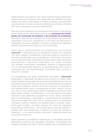 529
MATEMÁTICA E SUAS TECNOLOGIAS
ENSINO MÉDIO
etapa anterior. Isso significa que novos conhecimentos específicos
devem estimular processos mais elaborados de reflexão e de abs-
tração, que deem sustentação a modos de pensar que permitam
aos estudantes formular e resolver problemas em diversos contextos
com mais autonomia e recursos matemáticos.
Para que esses propósitos se concretizem nessa área, os estudantes
devem desenvolver habilidades relativas aos processos de investi-
gação, de construção de modelos e de resolução de problemas.
Para tanto, eles devem mobilizar seu modo próprio de raciocinar,
representar, comunicar, argumentar e, com base em discussões e
validações conjuntas, aprender conceitos e desenvolver represen-
tações e procedimentos cada vez mais sofisticados.
Assim, para o desenvolvimento de competências que envolvem
raciocinar, é necessário que os estudantes possam, em interação
com seus colegas e professores, investigar, explicar e justificar as
soluções apresentadas para os problemas, com ênfase nos proces-
sos de argumentação matemática. Embora todos esses processos
pressuponham o raciocínio matemático, em muitas situações
são também mobilizadas habilidades relativas à representação
e à comunicação para expressar as generalizações, bem como à
construção de uma argumentação consistente para justificar o
raciocínio utilizado.
As competências que estão diretamente associadas a representar
pressupõem a elaboração de registros para evocar um objeto mate-
mático. Apesar de essa ação não ser exclusiva da Matemática, uma vez
que todas as áreas têm seus processos de representação, em especial
nessa área é possível verificar de forma inequívoca a importância
das representações para a compreensão de fatos, ideias e concei-
tos, uma vez que o acesso aos objetos matemáticos se dá por meio
delas. Nesse sentido, na Matemática, o uso dos registros de repre-
sentação e das diferentes linguagens é, muitas vezes, necessário
para a compreensão, a resolução e a comunicação de resultados
de uma atividade. Por esse motivo, espera-se que os estudantes
conheçam diversos registros de representação e possam mobili-
zá-los para modelar situações diversas por meio da linguagem
específica da matemática – verificando que os recursos dessa lin-
guagem são mais apropriados e seguros na busca de soluções e
respostas – e, ao mesmo tempo, promover o desenvolvimento de
seu próprio raciocínio.
Após resolverem os problemas matemáticos, os estudantes precisam
apresentar e justificar seus resultados, interpretar os resultados dos
colegas e interagir com eles. É nesse contexto que a competência de
 