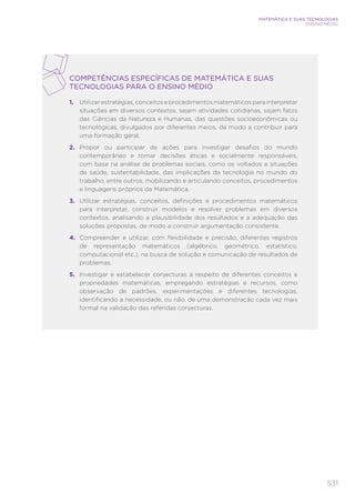 531
MATEMÁTICA E SUAS TECNOLOGIAS
ENSINO MÉDIO
COMPETÊNCIAS ESPECÍFICAS DE MATEMÁTICA E SUAS
TECNOLOGIAS PARA O ENSINO MÉDIO
1.	 Utilizar estratégias, conceitos e procedimentos matemáticos para interpretar
situações em diversos contextos, sejam atividades cotidianas, sejam fatos
das Ciências da Natureza e Humanas, das questões socioeconômicas ou
tecnológicas, divulgados por diferentes meios, de modo a contribuir para
uma formação geral.
2.	 Propor ou participar de ações para investigar desafios do mundo
contemporâneo e tomar decisões éticas e socialmente responsáveis,
com base na análise de problemas sociais, como os voltados a situações
de saúde, sustentabilidade, das implicações da tecnologia no mundo do
trabalho, entre outros, mobilizando e articulando conceitos, procedimentos
e linguagens próprios da Matemática.
3.	 Utilizar estratégias, conceitos, definições e procedimentos matemáticos
para interpretar, construir modelos e resolver problemas em diversos
contextos, analisando a plausibilidade dos resultados e a adequação das
soluções propostas, de modo a construir argumentação consistente.
4.	 Compreender e utilizar, com flexibilidade e precisão, diferentes registros
de representação matemáticos (algébrico, geométrico, estatístico,
computacional etc.), na busca de solução e comunicação de resultados de
problemas.
5.	 Investigar e estabelecer conjecturas a respeito de diferentes conceitos e
propriedades matemáticas, empregando estratégias e recursos, como
observação de padrões, experimentações e diferentes tecnologias,
identificando a necessidade, ou não, de uma demonstração cada vez mais
formal na validação das referidas conjecturas.
 