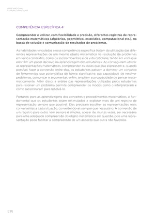 538
BASE NACIONAL
COMUM CURRICULAR
COMPETÊNCIA ESPECÍFICA 4
Compreender e utilizar, com flexibilidade e precisão, diferentes registros de repre-
sentação matemáticos (algébrico, geométrico, estatístico, computacional etc.), na
busca de solução e comunicação de resultados de problemas.
As habilidades vinculadas a essa competência específica tratam da utilização das dife-
rentes representações de um mesmo objeto matemático na resolução de problemas
em vários contextos, como os socioambientais e da vida cotidiana, tendo em vista que
elas têm um papel decisivo na aprendizagem dos estudantes. Ao conseguirem utilizar
as representações matemáticas, compreender as ideias que elas expressam e, quando
possível, fazer a conversão entre elas, os estudantes passam a dominar um conjunto
de ferramentas que potencializa de forma significativa sua capacidade de resolver
problemas, comunicar e argumentar; enfim, ampliam sua capacidade de pensar mate-
maticamente. Além disso, a análise das representações utilizadas pelos estudantes
para resolver um problema permite compreender os modos como o interpretaram e
como raciocinaram para resolvê-lo.
Portanto, para as aprendizagens dos conceitos e procedimentos matemáticos, é fun-
damental que os estudantes sejam estimulados a explorar mais de um registro de
representação sempre que possível. Eles precisam escolher as representações mais
convenientes a cada situação, convertendo-as sempre que necessário. A conversão de
um registro para outro nem sempre é simples, apesar de, muitas vezes, ser necessária
para uma adequada compreensão do objeto matemático em questão, pois uma repre-
sentação pode facilitar a compreensão de um aspecto que outra não favorece.
 