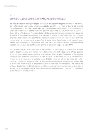 542
BASE NACIONAL
COMUM CURRICULAR
5.2.1.1.
CONSIDERAÇÕES SOBRE A ORGANIZAÇÃO CURRICULAR
As possibilidades de organização curricular das aprendizagens propostas na BNCC
de Matemática são várias. Uma organização possível – e mais próxima da prática
de elaboração curricular dessa área – é por unidades similares às propostas para o
Ensino Fundamental. Essas unidades podem ser, entre outras, Números e Álgebra,
Geometria e Medidas, e Probabilidade e Estatística, como apresentado nos quadros
a seguir. É importante destacar que, nesses quadros, foram mantidos os códigos
originais das habilidades (conforme apresentação no item anterior), o que permite
reconhecer a competência específica à qual cada habilidade está relacionada.
Assim, por exemplo, a habilidade EM13MAT402 está relacionada à competência
específica 4, o que se identifica no primeiro algarismo após a sigla MAT.
Na (re)elaboração dos currículos e das propostas pedagógicas, é possível adotar
outras organizações, recorrendo tanto às habilidades definidas nesta BNCC quanto
a outras que sejam necessárias e que contemplem especificidades e demandas
próprias dos sistemas de ensino e das escolas. A despeito disso, é fundamental
preservar a articulação, proposta nesta BNCC, entre os vários campos da Mate-
mática, com vistas à construção de uma visão integrada de Matemática e aplicada
à realidade. Além disso, é importante que os saberes matemáticos, do ponto de
vista pedagógico e didático, sejam fundamentados em diferentes bases, de modo a
assegurar a compreensão de fenômenos do próprio contexto cultural do indivíduo
e das relações interculturais.
 