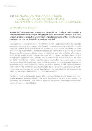 554
BASE NACIONAL
COMUM CURRICULAR
5.3.1. 
CIÊNCIAS DA NATUREZA E SUAS
TECNOLOGIAS NO ENSINO MÉDIO:
COMPETÊNCIAS ESPECÍFICAS E HABILIDADES
COMPETÊNCIA ESPECÍFICA 1
Analisar fenômenos naturais e processos tecnológicos, com base n