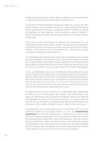 BASE NACIONAL
COMUM CURRICULAR
86
imagens que condensam muitas ideias e relações, como acontece em
muitas das formas de expressão das culturas juvenis.
Os direitos humanos também perpassam todos os campos de dife-
rentes formas: seja no debate de ideias e organização de formas de
defesa dos direitos humanos (campo jornalístico-midiático e campo
de atuação na vida pública), seja no exercício desses direitos –
direito à literatura e à arte, direito à informação e aos conhecimentos
disponíveis.
Para cada campo de atuação, os objetos de conhecimento e as
habilidades estão organizados a partir das práticas de linguagem
e distribuídos pelos nove anos em dois segmentos (Ensino Funda-
mental – Anos Iniciais e Ensino Fundamental – Anos Finais), dadas
as especificidades de cada segmento.
As habilidades são apresentadas segundo a necessária continuidade
das aprendizagens ao longo dos anos, crescendo progressivamente
em complexidade. Acrescente-se que, embora as habilidades estejam
agrupadas nas diferentes práticas, essas fronteiras são tênues, pois,
no ensino, e também na vida social, estão intimamente interligadas.
Assim, as habilidades devem ser consideradas sob as perspectivas da
continuidade das aprendizagens e da integração dos eixos organiza-
dores e objetos de conhecimento ao longo dos anos de escolarização.
Por esses motivos, optou-se por apresentar os quadros de habilida-
des em seis blocos (1º ao 5º ano; 1º e 2º anos; 3º ao 5º ano; 6º ao 9º
ano; 6º e 7º anos; e 8º e 9º anos), sem que isso represente qualquer
tipo de normatização de organização em ciclos.
Cumpre destacar que os critérios de organização das habilidades
na BNCC (com a explicitação dos objetos de conhecimento aos
quais se relacionam e do agrupamento desses objetos em práticas
de linguagem e campos de atuação) expressam um arranjo possível
(dentre outros). Portanto, os agrupamentos propostos não devem ser
tomados como modelo obrigatório para o desenho dos currículos.
Considerando esses pressupostos, e em articulação com as com-
petências gerais da Educação Básica e com as competências
específicas da área de Linguagens, o componente curricular de
Língua Portuguesa deve garantir aos estudantes o desenvolvimento
de competências específicas. Vale ainda destacar que tais compe-
tências perpassam todos os componentes curriculares do Ensino
Fundamental e são essenciais para a ampliação das possibilidades
de participação dos estudantes em práticas de diferentes campos
de atividades humanas e de pleno exercício da cidadania.
 