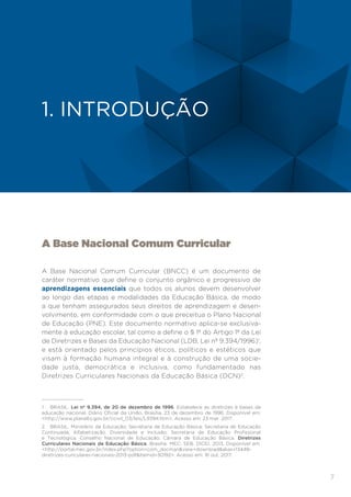 7
INTRODUÇÃO
A Base Nacional Comum Curricular
A Base Nacional Comum Curricular (BNCC) é um documento de
caráter normativo que define o conjunto orgânico e progressivo de
aprendizagens essenciais que todos os alunos devem desenvolver
ao longo das etapas e modalidades da Educação Básica, de modo
a que tenham assegurados seus direitos de aprendizagem e desen-
volvimento, em conformidade com o que preceitua o Plano Nacional
de Educação (PNE). Este documento normativo aplica-se exclusiva-
mente à educação escolar, tal como a define o § 1º do Artigo 1º da Lei
de Diretrizes e Bases da Educação Nacional (LDB, Lei nº 9.394/1996)1
,
e está orientado pelos princípios éticos, políticos e estéticos que
visam à formação humana integral e à construção de uma socie-
dade justa, democrática e inclusiva, como fundamentado nas
Diretrizes Curriculares Nacionais da Educação Básica (DCN)2
.
1	 BRASIL. Lei nº 9.394, de 20 de dezembro de 1996. Estabelece as diretrizes e bases da
educação nacional. Diário Oficial da União, Brasília, 23 de dezembro de 1996. Disponível em:
<http://www.planalto.gov.br/ccivil_03/leis/L9394.htm>. Acesso em: 23 mar. 2017.
2	 BRASIL. Ministério da Educação; Secretaria de Educação Básica; Secretaria de Educação
Continuada, Alfabetização, Diversidade e Inclusão; Secretaria de Educação Profissional
e Tecnológica. Conselho Nacional de Educação; Câmara de Educação Básica. Diretrizes
Curriculares Nacionais da Educação Básica. Brasília: MEC; SEB; DICEI, 2013. Disponível em:
<http://portal.mec.gov.br/index.php?option=com_docman&view=download&alias=13448-
diretrizes-curiculares-nacionais-2013-pdf&Itemid=30192>. Acesso em: 16 out. 2017.
1. INTRODUÇÃO
 