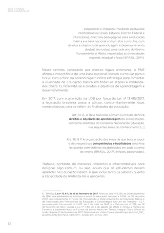 12
BASE NACIONAL
COMUM CURRICULAR
estabelecer e implantar, mediante pactuação
interfederativa [União, Estados, Distrito Federal e
Municípios], diretrizes pedagógicas para a educação
básica e a base nacional comum dos currículos, com
direitos e objetivos de aprendizagem e desenvolvimento
dos(as) alunos(as) para cada ano do Ensino
Fundamental e Médio, respeitadas as diversidades
regional, estadual e local (BRASIL, 2014).
Nesse sentido, consoante aos marcos legais anteriores, o PNE
afirma a importância de uma base nacional comum curricular para o
Brasil, com o foco na aprendizagem como estratégia para fomentar
a qualidade da Educação Básica em todas as etapas e modalida-
des (meta 7), referindo-se a direitos e objetivos de aprendizagem e
desenvolvimento.
Em 2017, com a alteração da LDB por força da Lei nº 13.415/2017,
a legislação brasileira passa a utilizar, concomitantemente, duas
nomenclaturas para se referir às finalidades da educação:
Art. 35-A. A Base Nacional Comum Curricular definirá
direitos e objetivos de aprendizagem do ensino médio,
conforme diretrizes do Conselho Nacional de Educação,
nas seguintes áreas do conhecimento [...]
Art. 36. § 1º A organização das áreas de que trata o caput
e das respectivas competências e habilidades será feita
de acordo com critérios estabelecidos em cada sistema
de ensino (BRASIL, 20178
; ênfases adicionadas).
Trata-se, portanto, de maneiras diferentes e intercambiáveis para
designar algo comum, ou seja, aquilo que os estudantes devem
aprender na Educação Básica, o que inclui tanto os saberes quanto
a capacidade de mobilizá-los e aplicá-los.
8 BRASIL. Lei nº 13.415, de 16 de fevereiro de 2017. Altera as Leis nº 9.394, de 20 de dezembro
de 1996, que estabelece as diretrizes e bases da educação nacional, e 11.494, de 20 de junho
2007, que regulamenta o Fundo de Manutenção e Desenvolvimento da Educação Básica e
de Valorização dos Profissionais da Educação, a Consolidação das Leis do Trabalho – CLT,
aprovada pelo Decreto-Lei nº 5.452, de 1º de maio de 1943, e o Decreto-Lei nº 236, de 28
de fevereiro de 1967; revoga a Lei nº 11.161, de 5 de agosto de 2005; e institui a Política de
Fomento à Implementação de Escolas de Ensino Médio em Tempo Integral. Diário Oficial da
União, Brasília, 17 de fevereiro de 2017. Disponível em: <http://www.planalto.gov.br/ccivil_03/_
ato2015-2018/2017/lei/L13415.htm>. Acesso em: 20 nov. 2017.
 