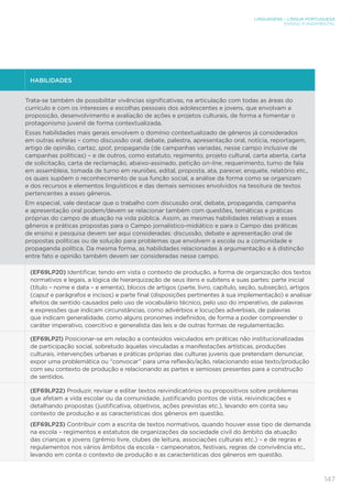 LINGUAGENS – LÍNGUA PORTUGUESA
ENSINO FUNDAMENTAL
147
HABILIDADES
Trata-se também de possibilitar vivências significativas, na articulação com todas as áreas do
currículo e com os interesses e escolhas pessoais dos adolescentes e jovens, que envolvam a
proposição, desenvolvimento e avaliação de ações e projetos culturais, de forma a fomentar o
protagonismo juvenil de forma contextualizada.
Essas habilidades mais gerais envolvem o domínio contextualizado de gêneros já considerados
em outras esferas – como discussão oral, debate, palestra, apresentação oral, notícia, reportagem,
artigo de opinião, cartaz, spot, propaganda (de campanhas variadas, nesse campo inclusive de
campanhas políticas) – e de outros, como estatuto, regimento, projeto cultural, carta aberta, carta
de solicitação, carta de reclamação, abaixo-assinado, petição on-line, requerimento, turno de fala
em assembleia, tomada de turno em reuniões, edital, proposta, ata, parecer, enquete, relatório etc.,
os quais supõem o reconhecimento de sua função social, a análise da forma como se organizam
e dos recursos e elementos linguísticos e das demais semioses envolvidos na tessitura de textos
pertencentes a esses gêneros.
Em especial, vale destacar que o trabalho com discussão oral, debate, propaganda, campanha
e apresentação oral podem/devem se relacionar também com questões, temáticas e práticas
próprias do campo de atuação na vida pública. Assim, as mesmas habilidades relativas a esses
gêneros e práticas propostas para o Campo jornalístico-midiático e para o Campo das práticas
de ensino e pesquisa devem ser aqui consideradas: discussão, debate e apresentação oral de
propostas políticas ou de solução para problemas que envolvem a escola ou a comunidade e
propaganda política. Da mesma forma, as habilidades relacionadas à argumentação e à distinção
entre fato e opinião também devem ser consideradas nesse campo.
(EF69LP20) Identificar, tendo em vista o contexto de produção, a forma de organização dos textos
normativos e legais, a lógica de hierarquização de seus itens e subitens e suas partes: parte inicial
(título – nome e data – e ementa), blocos de artigos (parte, livro, capítulo, seção, subseção), artigos
(caput e parágrafos e incisos) e parte final (disposições pertinentes à sua implementação) e analisar
efeitos de sentido causados pelo uso de vocabulário técnico, pelo uso do imperativo, de palavras
e expressões que indicam circunstâncias, como advérbios e locuções adverbiais, de palavras
que indicam generalidade, como alguns pronomes indefinidos, de forma a poder compreender o
caráter imperativo, coercitivo e generalista das leis e de outras formas de regulamentação.
(EF69LP21) Posicionar-se em relação a conteúdos veiculados em práticas não institucionalizadas
de participação social, sobretudo àquelas vinculadas a manifestações artísticas, produções
culturais, intervenções urbanas e práticas próprias das culturas juvenis que pretendam denunciar,
expor uma problemática ou “convocar” para uma reflexão/ação, relacionando esse texto/produção
com seu contexto de produção e relacionando as partes e semioses presentes para a construção
de sentidos.
(EF69LP22) Produzir, revisar e editar textos reivindicatórios ou propositivos sobre problemas
que afetam a vida escolar ou da comunidade, justiﬁcando pontos de vista, reivindicações e
detalhando propostas (justificativa, objetivos, ações previstas etc.), levando em conta seu
contexto de produção e as características dos gêneros em questão.
(EF69LP23) Contribuir com a escrita de textos normativos, quando houver esse tipo de demanda
na escola – regimentos e estatutos de organizações da sociedade civil do âmbito da atuação
das crianças e jovens (grêmio livre, clubes de leitura, associações culturais etc.) – e de regras e
regulamentos nos vários âmbitos da escola – campeonatos, festivais, regras de convivência etc.,
levando em conta o contexto de produção e as características dos gêneros em questão.
 