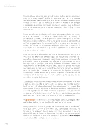 BASE NACIONAL
COMUM CURRICULAR
398
Depois, alarga-se ainda mais em direção a outros povos, com seus
usos e costumes específicos. Por fim, parte-se para o mundo, sempre
em movimento e transformação. Em meio a inúmeras combinações
dessas variáveis – do Eu, do Outro e do Nós –, inseridas em tempos
e espaços específicos, indivíduos produzem saberes que os tornam
mais aptos para enfrentar situações marcadas pelo conflito ou pela
conciliação.
Entre os saberes produzidos, destaca-se a capacidade de comu-
nicação e diálogo, instrumento necessário para o respeito à
pluralidade cultural, social e política, bem como para o enfren-
tamento de circunstâncias marcadas pela tensão e pelo conflito.
A lógica da palavra, da argumentação, é aquela que permite ao
sujeito enfrentar os problemas e propor soluções com vistas à
superação das contradições políticas, econômicas e sociais do
mundo em que vivemos.
Para se pensar o ensino de História, é fundamental considerar a
utilização de diferentes fontes e tipos de documento (escritos, ico-
nográficos, materiais, imateriais) capazes de facilitar a compreensão
da relação tempo e espaço e das relações sociais que os geraram.
Os registros e vestígios das mais diversas naturezas (mobiliário,
instrumentos de trabalho, música etc.) deixados pelos indivíduos
carregam em si mesmos a experiência humana, as formas especí-
ficas de produção, consumo e circulação, tanto de objetos quanto
de saberes. Nessa dimensão, o objeto histórico transforma-se em
exercício, em laboratório da memória voltado para a produção de
um saber próprio da história.
A utilização de objetos materiais pode auxiliar o professor e os alunos
a colocar em questão o significado das coisas do mundo, estimu-
lando a produção do conhecimento histórico em âmbito escolar. Por
meio dessa prática, docentes e discentes poderão desempenhar o
papel de agentes do processo de ensino e aprendizagem, assumindo,
ambos, uma “atitude historiadora” diante dos conteúdos propostos,
no âmbito de um processo adequado ao Ensino Fundamental.
Os processos de identificação, comparação, contextualização, inter-
pretação e análise de um objeto estimulam o pensamento.
De que material é feito o objeto em questão? Como é produzido?
Para que serve? Quem o consome? Seu significado se alterou no
tempo e no espaço? Como cada indivíduo descreve o mesmo
objeto? Os procedimentos de análise utilizados são sempre seme-
lhantes ou não? Por quê? Essas perguntas auxiliam a identificação
de uma questão ou objeto a ser estudado.
 