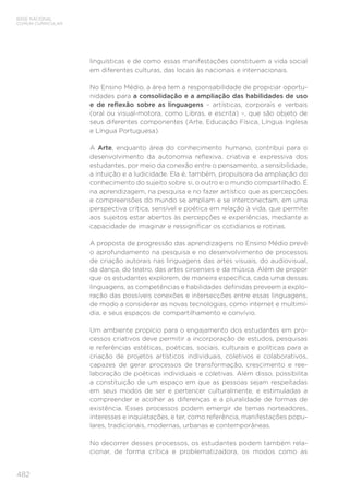 482
BASE NACIONAL
COMUM CURRICULAR
linguísticas e de como essas manifestações constituem a vida social
em diferentes culturas, das locais às nacionais e internacionais.
No Ensino Médio, a área tem a responsabilidade de propiciar oportu-
nidades para a consolidação e a ampliação das habilidades de uso
e de reflexão sobre as linguagens – artísticas, corporais e verbais
(oral ou visual-motora, como Libras, e escrita) –, que são objeto de
seus diferentes componentes (Arte, Educação Física, Língua Inglesa
e Língua Portuguesa).
A Arte, enquanto área do conhecimento humano, contribui para o
desenvolvimento da autonomia reflexiva, criativa e expressiva dos
estudantes, por meio da conexão entre o pensamento, a sensibilidade,
a intuição e a ludicidade. Ela é, também, propulsora da ampliação do
conhecimento do sujeito sobre si, o outro e o mundo compartilhado. É
na aprendizagem, na pesquisa e no fazer artístico que as percepções
e compreensões do mundo se ampliam e se interconectam, em uma
perspectiva crítica, sensível e poética em relação à vida, que permite
aos sujeitos estar abertos às percepções e experiências, mediante a
capacidade de imaginar e ressignificar os cotidianos e rotinas.
A proposta de progressão das aprendizagens no Ensino Médio prevê
o aprofundamento na pesquisa e no desenvolvimento de processos
de criação autorais nas linguagens das artes visuais, do audiovisual,
da dança, do teatro, das artes circenses e da música. Além de propor
que os estudantes explorem, de maneira específica, cada uma dessas
linguagens, as competências e habilidades definidas preveem a explo-
ração das possíveis conexões e intersecções entre essas linguagens,
de modo a considerar as novas tecnologias, como internet e multimí-
dia, e seus espaços de compartilhamento e convívio.
Um ambiente propício para o engajamento dos estudantes em pro-
cessos criativos deve permitir a incorporação de estudos, pesquisas
e referências estéticas, poéticas, sociais, culturais e políticas para a
criação de projetos artísticos individuais, coletivos e colaborativos,
capazes de gerar processos de transformação, crescimento e ree-
laboração de poéticas individuais e coletivas. Além disso, possibilita
a constituição de um espaço em que as pessoas sejam respeitadas
em seus modos de ser e pertencer culturalmente, e estimuladas a
compreender e acolher as diferenças e a pluralidade de formas de
existência. Esses processos podem emergir de temas norteadores,
interesses e inquietações, e ter, como referência, manifestações popu-
lares, tradicionais, modernas, urbanas e contemporâneas.
No decorrer desses processos, os estudantes podem também rela-
cionar, de forma crítica e problematizadora, os modos como as
 