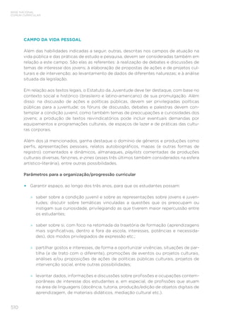 510
BASE NACIONAL
COMUM CURRICULAR
CAMPO DA VIDA PESSOAL
Além das habilidades indicadas a seguir, outras, descritas nos campos de atuação na
vida pública e das práticas de estudo e pesquisa, devem ser consideradas também em
relação a este campo. São elas as referentes: à realização de debates e discussões de
temas de interesse dos jovens; à elaboração de propostas de ações e de projetos cul-
turais e de intervenção; ao levantamento de dados de diferentes naturezas; e à análise
situada da legislação.
Em relação aos textos legais, o Estatuto da Juventude deve ter destaque, com base no
contexto social e histórico (brasileiro e latino-americano) de sua promulgação. Além
disso: na discussão de ações e políticas públicas, devem ser privilegiadas políticas
públicas para a juventude; os fóruns de discussão, debates e palestras devem con-
templar a condição juvenil, como também temas de preocupações e curiosidades dos
jovens; a produção de textos reivindicatórios pode incluir eventuais demandas por
equipamentos e programações culturais, de espaços de lazer e de práticas das cultu-
ras corporais.
Além dos já mencionados, ganha destaque o domínio de gêneros e produções como
perfis, apresentações pessoais, relatos autobiográficos, mapas (e outras formas de
registro) comentados e dinâmicos, almanaques, playlists comentadas de produções
culturais diversas, fanzines, e-zines (esses três últimos também considerados na esfera
artístico-literária), entre outras possibilidades.
Parâmetros para a organização/progressão curricular
• Garantir espaço, ao longo dos três anos, para que os estudantes possam:
»
» saber sobre a condição juvenil e sobre as representações sobre jovens e juven-
tudes; discutir sobre temáticas vinculadas a questões que os preocupam ou
instigam sua curiosidade, privilegiando as que tiverem maior repercussão entre
os estudantes;
»
» saber sobre si, com foco na retomada da trajetória de formação (aprendizagens
mais significativas, dentro e fora da escola, interesses, potências e necessida-
des), dos modos privilegiados de expressão etc.;
»
» partilhar gostos e interesses, de forma a oportunizar vivências, situações de par-
tilha (e de trato com o diferente), promoções de eventos ou projetos culturais,
análises e/ou proposições de ações de políticas públicas culturais, projetos de
intervenção social, entre outras possibilidades;
»
» levantar dados, informações e discussões sobre profissões e ocupações contem-
porâneas de interesse dos estudantes e, em especial, de profissões que atuam
na área de linguagens (docência, tutoria, produção/edição de objetos digitais de
aprendizagem, de materiais didáticos, mediação cultural etc.).
 