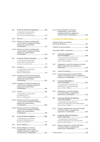 4.3. A área de Ciências da Natureza................. 321
* Competências específicas
de Ciências da Natureza
para o Ensino Fundamental............................324
4.3.1. Ciências............................................................. 325
4.3.1.1. Ciências no Ensino Fundamental
– Anos Iniciais: unidades temáticas,
objetos de conhecimento
e habilidades.
....................................................331
4.3.1.2. Ciências no Ensino Fundamental
– Anos Finais: unidades temáticas,
objetos de conhecimento
e habilidades.
...................................................343
4.4. A área de Ciências Humanas......................353
* Competências específicas
de Ciências Humanas para
o Ensino Fundamental.
..................................... 357
4.4.1. Geografia......................................................... 359
* Competências específicas
de Geografia para o
Ensino Fundamental.........................................366
4.4.1.1. Geografia no Ensino Fundamental
– Anos Iniciais: unidades temáticas,
objetos de conhecimento
e habilidades.
...................................................367
4.4.1.2. Geografia no Ensino Fundamental
– Anos Finais: unidades temáticas,
objetos de conhecimento
e habilidades.
....................................................381
4.4.2. História............................................................. 397
* Competências específicas
de História para o
Ensino Fundamental........................................ 402
4.4.2.1. História no Ensino Fundamental
– Anos Iniciais: unidades temáticas,
objetos de conhecimento
e habilidades....................................................403
4.4.2.2. História no Ensino Fundamental
– Anos Finais: unidades temáticas,
objetos de conhecimento
e habilidades.....................................................416
4.5. A área de Ensino Religioso........................ 435
* Competências específicas
de Ensino Religioso para o
Ensino Fundamental......................................... 437
4.5.1. Ensino Religioso.
.............................................438
4.5.1.1. Ensino Religioso no Ensino
Fundamental – Anos Iniciais:
unidades temáticas, objetos de
conhecimento e habilidades........................442
4.5.1.2. Ensino Religioso no Ensino
Fundamental – Anos Finais:
unidades temáticas, objetos de
conhecimento e habilidades........................452
5. A ETAPA DO ENSINO MÉDIO...............................461
O Ensino Médio no contexto
da Educação Básica......................................................461
A BNCC do Ensino Médio.
.......................................... 469
Currículos: BNCC e itinerários.
...................................475
5.1. A área de Linguagens e
suas Tecnologias.
..........................................481
* Competências específicas de
Linguagens e suas Tecnologias
para o Ensino Médio.
.........................................490
5.1.1. Linguagens e suas Tecnologias no Ensino
Médio: competências específicas e
habilidades........................................................491
5.1.2 Língua Portuguesa.
.........................................498
5.1.2.1. Língua Portuguesa no Ensino Médio:
campos de atuação social, competências
específicas e habilidades..............................505
5.2. A área de Matemática e
suas Tecnologias.
......................................... 527
* Competências específicas de
Matemática e suas Tecnologias
para o Ensino Médio.
..........................................531
5.2.1. Matemática e suas Tecnologias
no Ensino Médio: competências
específicas e habilidades.............................. 532
5.3. A área de Ciências da Natureza
e suas Tecnologias...................................... 547
* Competências específicas de
Ciências da Natureza e suas Tecnologias
para o Ensino Médio.
......................................... 553
5.3.1. Ciências da Natureza e suas Tecnologias
no Ensino Médio: competências
específicas e habilidades..............................554
5.4. A área de Ciências Humanas e
Sociais Aplicadas.........................................561
* Competências específicas de
Ciências Humanas e Sociais Aplicadas
para o Ensino Médio.
.........................................570
5.4.1. Ciências Humanas e Sociais Aplicadas
no Ensino Médio: competências
específicas e habilidades...............................571
Ficha técnica.................................................................. 581
 