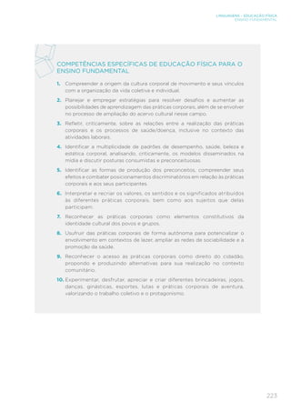 223
LINGUAGENS – EDUCAÇÃO FÍSICA
ENSINO FUNDAMENTAL
COMPETÊNCIAS ESPECÍFICAS DE EDUCAÇÃO FÍSICA PARA O
ENSINO FUNDAMENTAL
1. Compreender a origem da cultura corporal de movimento e seus vínculos
com a organização da vida coletiva e individual.
2. Planejar e empregar estratégias para resolver desafios e aumentar as
possibilidades de aprendizagem das práticas corporais, além de se envolver
no processo de ampliação do acervo cultural nesse campo.
3. Refletir, criticamente, sobre as relações entre a realização das práticas
corporais e os processos de saúde/doença, inclusive no contexto das
atividades laborais.
4. Identificar a multiplicidade de padrões de desempenho, saúde, beleza e
estética corporal, analisando, criticamente, os modelos disseminados na
mídia e discutir posturas consumistas e preconceituosas.
5. Identificar as formas de produção dos preconceitos, compreender seus
efeitos e combater posicionamentos discriminatórios em relação às práticas
corporais e aos seus participantes.
6. Interpretar e recriar os valores, os sentidos e os significados atribuídos
às diferentes práticas corporais, bem como aos sujeitos que delas
participam.
7. Reconhecer as práticas corporais como elementos constitutivos da
identidade cultural dos povos e grupos.
8. Usufruir das práticas corporais de forma autônoma para potencializar o
envolvimento em contextos de lazer, ampliar as redes de sociabilidade e a
promoção da saúde.
9. Reconhecer o acesso às práticas corporais como direito do cidadão,
propondo e produzindo alternativas para sua realização no contexto
comunitário.
10. Experimentar, desfrutar, apreciar e criar diferentes brincadeiras, jogos,
danças, ginásticas, esportes, lutas e práticas corporais de aventura,
valorizando o trabalho coletivo e o protagonismo.
 