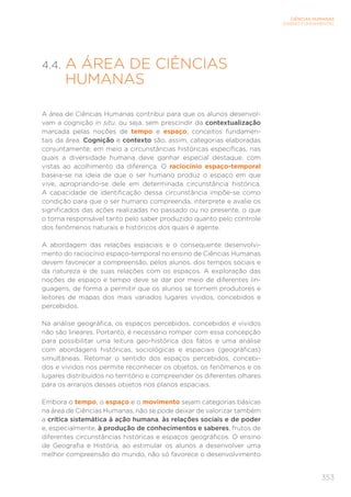 353
CIÊNCIAS HUMANAS
ENSINO FUNDAMENTAL
4.4. 
A ÁREA DE CIÊNCIAS
HUMANAS
A área de Ciências Humanas contribui para que os alunos desenvol-
vam a cognição in situ, ou seja, sem prescindir da contextualização
marcada pelas noções de tempo e espaço, conceitos fundamen-
tais da área. Cognição e contexto são, assim, categorias elaboradas
conjuntamente, em meio a circunstâncias históricas específicas, nas
quais a diversidade humana deve ganhar especial destaque, com
vistas ao acolhimento da diferença. O raciocínio espaço-temporal
baseia-se na ideia de que o ser humano produz o espaço em que
vive, apropriando-se dele em determinada circunstância histórica.
A capacidade de identificação dessa circunstância impõe-se como
condição para que o ser humano compreenda, interprete e avalie os
significados das ações realizadas no passado ou no presente, o que
o torna responsável tanto pelo saber produzido quanto pelo controle
dos fenômenos naturais e históricos dos quais é agente.
A abordagem das relações espaciais e o consequente desenvolvi-
mento do raciocínio espaço-temporal no ensino de Ciências Humanas
devem favorecer a compreensão, pelos alunos, dos tempos sociais e
da natureza e de suas relações com os espaços. A exploração das
noções de espaço e tempo deve se dar por meio de diferentes lin-
guagens, de forma a permitir que os alunos se tornem produtores e
leitores de mapas dos mais variados lugares vividos, concebidos e
percebidos.
Na análise geográfica, os espaços percebidos, concebidos e vividos
não são lineares. Portanto, é necessário romper com essa concepção
para possibilitar uma leitura geo-histórica dos fatos e uma análise
com abordagens históricas, sociológicas e espaciais (geográficas)
simultâneas. Retomar o sentido dos espaços percebidos, concebi-
dos e vividos nos permite reconhecer os objetos, os fenômenos e os
lugares distribuídos no território e compreender os diferentes olhares
para os arranjos desses objetos nos planos espaciais.
Embora o tempo, o espaço e o movimento sejam categorias básicas
na área de Ciências Humanas, não se pode deixar de valorizar também
a crítica sistemática à ação humana, às relações sociais e de poder
e, especialmente, à produção de conhecimentos e saberes, frutos de
diferentes circunstâncias históricas e espaços geográficos. O ensino
de Geografia e História, ao estimular os alunos a desenvolver uma
melhor compreensão do mundo, não só favorece o desenvolvimento
 