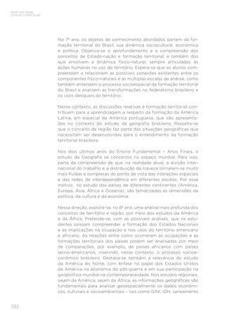 BASE NACIONAL
COMUM CURRICULAR
382
No 7º ano, os objetos de conhecimento abordados partem da for-
mação territorial do Brasil, sua dinâmica sociocultural, econômica
e política. Objetiva-se o aprofundamento e a compreensão dos
conceitos de Estado-nação e formação territorial, e também dos
que envolvem a dinâmica físico-natural, sempre articulados às
ações humanas no uso do território. Espera-se que os alunos com-
preendam e relacionem as possíveis conexões existentes entre os
componentes físico-naturais e as múltiplas escalas de análise, como
também entendam o processo socioespacial da formação territorial
do Brasil e analisem as transformações no federalismo brasileiro e
os usos desiguais do território.
Nesse contexto, as discussões relativas à formação territorial con-
tribuem para a aprendizagem a respeito da formação da América
Latina, em especial da América portuguesa, que são apresenta-
das no contexto do estudo da geografia brasileira. Ressalta-se
que o conceito de região faz parte das situações geográficas que
necessitam ser desenvolvidas para o entendimento da formação
territorial brasileira.
Nos dois últimos anos do Ensino Fundamental – Anos Finais, o
estudo da Geografia se concentra no espaço mundial. Para isso,
parte da compreensão de que, na realidade atual, a divisão inter-
nacional do trabalho e a distribuição da riqueza tornaram-se muito
mais fluídas e complexas do ponto de vista das interações espaciais
e das redes de interdependência em diferentes escalas. Por esse
motivo, no estudo dos países de diferentes continentes (América,
Europa, Ásia, África e Oceania), são tematizadas as dimensões da
política, da cultura e da economia.
Nessa direção, explora-se, no 8º ano, uma análise mais profunda dos
conceitos de território e região, por meio dos estudos da América
e da África. Pretende-se, com as possíveis análises, que os estu-
dantes possam compreender a formação dos Estados Nacionais
e as implicações na ocupação e nos usos do território americano
e africano. As relações entre como ocorreram as ocupações e as
formações territoriais dos países podem ser analisadas por meio
de comparações, por exemplo, de países africanos com países
latino-americanos, inserindo, nesse contexto, o processo socioe-
conômico brasileiro. Destaca-se também a relevância do estudo
da América do Norte, com ênfase no papel dos Estados Unidos
da América na economia do pós-guerra e em sua participação na
geopolítica mundial na contemporaneidade. Nos estudos regionais,
sejam da América, sejam da África, as informações geográficas são
fundamentais para analisar geoespacialmente os dados econômi-
cos, culturais e socioambientais – tais como GINI, IDH, saneamento
 