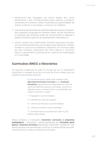 475
ENSINO MÉDIO
• apropriar-se das linguagens da cultura digital, dos novos
letramentos e dos multiletramentos para explorar e produzir
conteúdos em diversas mídias, ampliando as possibilidades de
acesso à ciência, à tecnologia, à cultura e ao trabalho;
• usar diversas ferramentas de software e aplicativos para compreen-
der e produzir conteúdos em diversas mídias, simular fenômenos
e processos das diferentes áreas do conhecimento, e elaborar e
explorar diversos registros de representação matemática; e
• utilizar, propor e/ou implementar soluções (processos e produ-
tos) envolvendo diferentes tecnologias, para identificar, analisar,
modelar e solucionar problemas complexos em diversas áreas
da vida cotidiana, explorando de forma efetiva o raciocínio
lógico, o pensamento computacional, o espírito de investigação
e a criatividade.
Currículos: BNCC e itinerários
As recentes mudanças na LDB, em função da Lei nº 13.415/2017,
substituem o modelo único de currículo do Ensino Médio por um
modelo diversificado e flexível:
O currículo do ensino médio será composto pela
Base Nacional Comum Curricular e por itinerários
formativos, que deverão ser organizados por meio da
oferta de diferentes arranjos curriculares, conforme a
relevância para o contexto local e a possibilidade dos
sistemas de ensino, a saber:
I – linguagens e suas tecnologias;
II – matemática e suas tecnologias;
III – ciências da natureza e suas tecnologias;
IV – ciências humanas e sociais aplicadas;
V – formação técnica e profissional (LDB, Art. 36;
ênfases adicionadas).
Nesse contexto, é necessário reorientar currículos e propostas
pedagógicas – compostos, indissociavelmente, por formação geral
básica e itinerário formativo (Resolução CNE/CEB nº 3/2018, Art. 10).
Nesse processo de reorientação curricular, é imprescindível aos siste-
mas de ensino, às redes escolares e às escolas:
 
