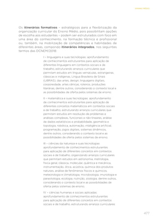 477
ENSINO MÉDIO
Os itinerários formativos – estratégicos para a flexibilização da
organização curricular do Ensino Médio, pois possibilitam opções
de escolha aos estudantes – podem ser estruturados com foco em
uma área do conhecimento, na formação técnica e profissional
ou, também, na mobilização de competências e habilidades de
diferentes áreas, compondo itinerários integrados, nos seguintes
termos das DCNEM/2018:
I – linguagens e suas tecnologias: aprofundamento
de conhecimentos estruturantes para aplicação de
diferentes linguagens em contextos sociais e de
trabalho, estruturando arranjos curriculares que
permitam estudos em línguas vernáculas, estrangeiras,
clássicas e indígenas, Língua Brasileira de Sinais
(LIBRAS), das artes, design, linguagens digitais,
corporeidade, artes cênicas, roteiros, produções
literárias, dentre outros, considerando o contexto local e
as possibilidades de oferta pelos sistemas de ensino;
II – matemática e suas tecnologias: aprofundamento
de conhecimentos estruturantes para aplicação de
diferentes conceitos matemáticos em contextos sociais
e de trabalho, estruturando arranjos curriculares que
permitam estudos em resolução de problemas e
análises complexas, funcionais e não-lineares, análise
de dados estatísticos e probabilidade, geometria e
topologia, robótica, automação, inteligência artificial,
programação, jogos digitais, sistemas dinâmicos,
dentre outros, considerando o contexto local e as
possibilidades de oferta pelos sistemas de ensino;
III – ciências da natureza e suas tecnologias:
aprofundamento de conhecimentos estruturantes
para aplicação de diferentes conceitos em contextos
sociais e de trabalho, organizando arranjos curriculares
que permitam estudos em astronomia, metrologia,
física geral, clássica, molecular, quântica e mecânica,
instrumentação, ótica, acústica, química dos produtos
naturais, análise de fenômenos físicos e químicos,
meteorologia e climatologia, microbiologia, imunologia e
parasitologia, ecologia, nutrição, zoologia, dentre outros,
considerando o contexto local e as possibilidades de
oferta pelos sistemas de ensino;
IV – ciências humanas e sociais aplicadas:
aprofundamento de conhecimentos estruturantes
para aplicação de diferentes conceitos em contextos
sociais e de trabalho, estruturando arranjos curriculares
 