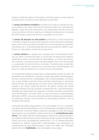 489
LINGUAGENS E SUAS TECNOLOGIAS
ENSINO MÉDIO
ampliar a reflexão sobre as linguagens, contribuir para a construção do
conhecimento científico e para aprender a aprender.
O campo jornalístico-midiático caracteriza-se pela circulação dos dis-
cursos/textos da mídia informativa (impressa, televisiva, radiofônica e
digital) e pelo discurso publicitário. Sua exploração permite construir
uma consciência crítica e seletiva em relação à produção e circulação
de informações, posicionamentos e induções ao consumo.
O campo de atuação na vida pública contempla os discursos/textos
normativos, legais e jurídicos que regulam a convivência em sociedade,
assim como discursos/textos propositivos e reivindicatórios (petições,
manifestos etc.). Sua exploração permite aos estudantes refletir e par-
ticipar na vida pública, pautando-se pela ética.
O campo artístico é o espaço de circulação das manifestações artísti-
cas em geral, contribuindo para a construção da apreciação estética,
significativa para a constituição de identidades, a vivência de proces-
sos criativos, o reconhecimento da diversidade e da multiculturalidade
e a expressão de sentimentos e emoções. Possibilita aos estudantes,
portanto, reconhecer, valorizar, fruir e produzir tais manifestações, com
base em critérios estéticos e no exercício da sensibilidade.
A consideração desses campos para a organização da área vai além de
possibilitar aos estudantes vivências situadas das práticas de linguagens.
Envolve conhecimentos e habilidades mais contextualizados e comple-
xos, o que também permite romper barreiras disciplinares e vislumbrar
outras formas de organização curricular (como laboratórios de comu-
nicação e de mídias, clubes de leitura e de teatro, núcleos de criação
artística e literária, oficinas culturais e desportivas etc.). Tais formas diver-
sificadas de organização dos espaços e tempos escolares possibilitam
uma flexibilização curricular tanto no que concerne às aprendizagens
definidas na BNCC, já que escolhas são possíveis desde que contemplem
os diferentes campos, como também às articulações da BNCC com os
itinerários formativos.
Considerando esses pressupostos, e em articulação com as competên-
cias gerais da Educação Básica e com as da área de Linguagens do Ensino
Fundamental, no Ensino Médio, a área de Linguagens e suas Tecnologias
deve garantir aos estudantes o desenvolvimento de competências espe-
cíficas. Três delas definem aprendizagens relativas às especificidades e
aos saberes historicamente construídos acerca das Línguas, da Educação
Física e da Arte (competências específicas 4, 5 e 6, respectivamente),
enquanto as demais contemplam aprendizagens que atravessam os
componentes da área. Relacionadas a cada uma delas, são indicadas,
posteriormente, habilidades a ser alcançadas nessa etapa.
 