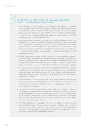 490
BASE NACIONAL
COMUM CURRICULAR
COMPETÊNCIAS ESPECÍFICAS DE LINGUAGENS E SUAS
TECNOLOGIAS PARA O ENSINO MÉDIO
1. Compreender o funcionamento das diferentes linguagens e práticas
culturais (artísticas, corporais e verbais) e mobilizar esses conhecimentos
na recepção e produção de discursos nos diferentes campos de atuação
social e nas diversas mídias, para ampliar as formas de participação social,
o entendimento e as possibilidades de explicação e interpretação crítica da
realidade e para continuar aprendendo.
2. Compreender os processos identitários, conflitos e relações de poder que
permeiam as práticas sociais de linguagem, respeitando as diversidades
e a pluralidade de ideias e posições, e atuar socialmente com base
em princípios e valores assentados na democracia, na igualdade e nos
Direitos Humanos, exercitando o autoconhecimento, a empatia, o diálogo,
a resolução de conflitos e a cooperação, e combatendo preconceitos de
qualquer natureza.
3. Utilizar diferentes linguagens (artísticas, corporais e verbais) para exercer,
com autonomia e colaboração, protagonismo e autoria na vida pessoal e
coletiva, de forma crítica, criativa, ética e solidária, defendendo pontos de
vista que respeitem o outro e promovam os Direitos Humanos, a consciência
socioambiental e o consumo responsável, em âmbito local, regional e global.
4. Compreender as línguas como fenômeno (geo)político, histórico, cultural,
social, variável, heterogêneo e sensível aos contextos de uso, reconhecendo
suas variedades e vivenciando-as como formas de expressões identitárias,
pessoais e coletivas, bem como agindo no enfrentamento de preconceitos
de qualquer natureza.
5. Compreender os processos de produção e negociação de sentidos nas
práticas corporais, reconhecendo-as e vivenciando-as como formas de
expressão de valores e identidades, em uma perspectiva democrática e
de respeito à diversidade.
6. Apreciar esteticamente as mais diversas produções artísticas e culturais,
considerando suas características locais, regionais e globais, e mobilizar
seus conhecimentos sobre as linguagens artísticas para dar significado
e (re)construir produções autorais individuais e coletivas, exercendo
protagonismo de maneira crítica e criativa, com respeito à diversidade
de saberes, identidades e culturas.
7. Mobilizar práticas de linguagem no universo digital, considerando as
dimensões técnicas, críticas, criativas, éticas e estéticas, para expandir
as formas de produzir sentidos, de engajar-se em práticas autorais e
coletivas, e de aprender a aprender nos campos da ciência, cultura,
trabalho, informação e vida pessoal e coletiva.
 