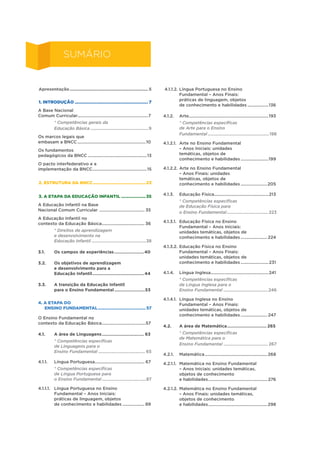 Apresentação................................................................. 5
1. INTRODUÇÃO............................................................. 7	 
A Base Nacional
Comum Curricular.............................................................7
* Competências gerais da
Educação Básica.....................................................9
Os marcos legais que
embasam a BNCC............................................................10
Os fundamentos
pedagógicos da BNCC....................................................13
O pacto interfederativo e a
implementação da BNCC.
...............................................15
2. ESTRUTURA DA BNCC............................................23
3. A ETAPA DA EDUCAÇÃO INFANTIL.....................35
A Educação Infantil na Base
Nacional Comum Curricular ........................................ 35
A Educação Infantil no
contexto da Educação Básica.
..................................... 36
* Direitos de aprendizagem
e desenvolvimento na
Educação Infantil..................................................38
3.1. Os campos de experiências.........................40
3.2. Os objetivos de aprendizagem
e desenvolvimento para a
Educação Infantil.
.......................................... 44
3.3. A transição da Educação Infantil
para o Ensino Fundamental..........................53
4. A ETAPA DO .
ENSINO FUNDAMENTAL........................................ 57
O Ensino Fundamental no
contexto da Educação Básica.
......................................57
4.1. A área de Linguagens................................... 63
* Competências específicas
de Linguagens para o
Ensino Fundamental........................................... 65
4.1.1. Língua Portuguesa.
........................................... 67
* Competências específicas
de Língua Portuguesa para
o Ensino Fundamental.
........................................87
4.1.1.1. Língua Portuguesa no Ensino
Fundamental – Anos Iniciais:
práticas de linguagem, objetos
de conhecimento e habilidades.................... 89
4.1.1.2. Língua Portuguesa no Ensino
Fundamental – Anos Finais:
práticas de linguagem, objetos
de conhecimento e habilidades...................136
4.1.2. Arte.....................................................................193
* Competências específicas
de Arte para o Ensino
Fundamental........................................................198
4.1.2.1. Arte no Ensino Fundamental
– Anos Iniciais: unidades
temáticas, objetos de
conhecimento e habilidades.........................199
4.1.2.2. Arte no Ensino Fundamental
– Anos Finais: unidades
temáticas, objetos de
conhecimento e habilidades........................205
4.1.3. Educação Física.
...............................................213
* Competências específicas
de Educação Física para
o Ensino Fundamental.
..................................... 223
4.1.3.1. Educação Física no Ensino
Fundamental – Anos Iniciais:
unidades temáticas, objetos de
conhecimento e habilidades........................224
4.1.3.2. Educação Física no Ensino
Fundamental – Anos Finais:
unidades temáticas, objetos de
conhecimento e habilidades.........................231
4.1.4. Língua Inglesa.
..................................................241
* Competências específicas
de Língua Inglesa para o
Ensino Fundamental.........................................246
4.1.4.1. Língua Inglesa no Ensino
Fundamental – Anos Finais:
unidades temáticas, objetos de
conhecimento e habilidades........................ 247
4.2. A área de Matemática.
................................ 265
* Competências específicas
de Matemática para o
Ensino Fundamental......................................... 267
4.2.1. Matemática.......................................................268
4.2.1.1. Matemática no Ensino Fundamental
– Anos Iniciais: unidades temáticas,
objetos de conhecimento
e habilidades.
................................................... 276
4.2.1.2. Matemática no Ensino Fundamental
– Anos Finais: unidades temáticas,
objetos de conhecimento
e habilidades.
...................................................298
SUMÁRIO
 