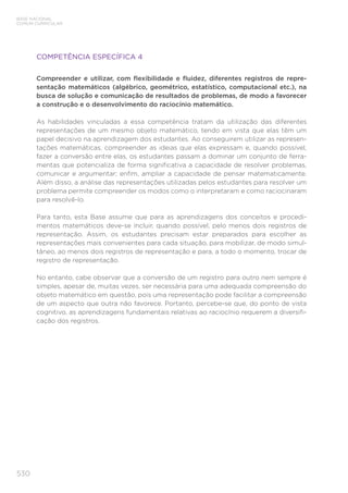 530
BASE NACIONAL
COMUM CURRICULAR
COMPETÊNCIA ESPECÍFICA 4
Compreender e utilizar, com flexibilidade e fluidez, diferentes registros de repre-
sentação matemáticos (algébrico, geométrico, estatístico, computacional etc.), na
busca de solução e comunicação de resultados de problemas, de modo a favorecer
a construção e o desenvolvimento do raciocínio matemático.
As habilidades vinculadas a essa competência tratam da utilização das diferentes
representações de um mesmo objeto matemático, tendo em vista que elas têm um
papel decisivo na aprendizagem dos estudantes. Ao conseguirem utilizar as represen-
tações matemáticas, compreender as ideias que elas expressam e, quando possível,
fazer a conversão entre elas, os estudantes passam a dominar um conjunto de ferra-
mentas que potencializa de forma significativa a capacidade de resolver problemas,
comunicar e argumentar; enfim, ampliar a capacidade de pensar matematicamente.
Além disso, a análise das representações utilizadas pelos estudantes para resolver um
problema permite compreender os modos como o interpretaram e como raciocinaram
para resolvê-lo.
Para tanto, esta Base assume que para as aprendizagens dos conceitos e procedi-
mentos matemáticos deve-se incluir, quando possível, pelo menos dois registros de
representação. Assim, os estudantes precisam estar preparados para escolher as
representações mais convenientes para cada situação, para mobilizar, de modo simul-
tâneo, ao menos dois registros de representação e para, a todo o momento, trocar de
registro de representação.
No entanto, cabe observar que a conversão de um registro para outro nem sempre é
simples, apesar de, muitas vezes, ser necessária para uma adequada compreensão do
objeto matemático em questão, pois uma representação pode facilitar a compreensão
de um aspecto que outra não favorece. Portanto, percebe-se que, do ponto de vista
cognitivo, as aprendizagens fundamentais relativas ao raciocínio requerem a diversifi-
cação dos registros.
 