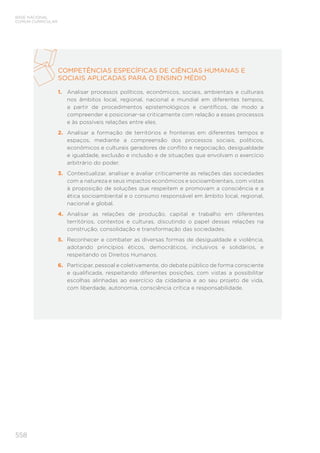 558
BASE NACIONAL
COMUM CURRICULAR
COMPETÊNCIAS ESPECÍFICAS DE CIÊNCIAS HUMANAS E
SOCIAIS APLICADAS PARA O ENSINO MÉDIO
1.	 Analisar processos políticos, econômicos, sociais, ambientais e culturais
nos âmbitos local, regional, nacional e mundial em diferentes tempos,
a partir de procedimentos epistemológicos e científicos, de modo a
compreender e posicionar-se criticamente com relação a esses processos
e às possíveis relações entre eles.
2.	 Analisar a formação de territórios e fronteiras em diferentes tempos e
espaços, mediante a compreensão dos processos sociais, políticos,
econômicos e culturais geradores de conflito e negociação, desigualdade
e igualdade, exclusão e inclusão e de situações que envolvam o exercício
arbitrário do poder.
3.	 Contextualizar, analisar e avaliar criticamente as relações das sociedades
com a natureza e seus impactos econômicos e socioambientais, com vistas
à proposição de soluções que respeitem e promovam a consciência e a
ética socioambiental e o consumo responsável em âmbito local, regional,
nacional e global.
4.	 Analisar as relações de produção, capital e trabalho em diferentes
territórios, contextos e culturas, discutindo o papel dessas relações na
construção, consolidação e transformação das sociedades.
5.	 Reconhecer e combater as diversas formas de desigualdade e violência,
adotando princípios éticos, democráticos, inclusivos e solidários, e
respeitando os Direitos Humanos.
6.	 Participar, pessoal e coletivamente, do debate público de forma consciente
e qualificada, respeitando diferentes posições, com vistas a possibilitar
escolhas alinhadas ao exercício da cidadania e ao seu projeto de vida,
com liberdade, autonomia, consciência crítica e responsabilidade.
 