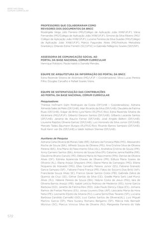 572
BASE NACIONAL
COMUM CURRICULAR
PROFESSORES QUE COLABORARAM COMO
REVISORES DOS DOCUMENTOS DA BNCC
Rosângela Veiga Júlio Ferreira (MG/Colégio de Aplicação João XXIII/UFJF), Vânia
Fernandes (MG/Colégio de Aplicação João XXIII/UFJF), Simone da Silva Ribeiro (MG/
Colégio de Aplicação João XXIII/UFJF), Luciene Ferreira da Silva Guedes (MG/Colégio
de Aplicação João XXIII/UFJF), Márcio Fagundes Alves (MG/Instituto Metodista
Granbery), Orlando Ednei Ferretti (SC/UFSC) e Gabriela Pellegrino Soares (SP/USP).
ASSESSORIA DE COMUNICAÇÃO SOCIAL AO
PORTAL DA BASE NACIONAL COMUM CURRICULAR
Henrique Polidoro, Paula Habib e Daniela Mendes.
EQUIPE DE ARQUITETURA DA INFORMAÇÃO DO PORTAL DA BNCC
Edna Rezende Silveira de Alcântara (MG/UFJF – Coordenadora), Sílvio Lucas Pereira
Filho, Douglas Carvalho e Rafael Soares Vieira.
EQUIPE DE SISTEMATIZAÇÃO DAS CONTRIBUIÇÕES
AO PORTAL DA BASE NACIONAL COMUM CURRICULAR
Pesquisadores
Thérèse Hofmann Gatti Rodrigues da Costa (DF/UnB – Coordenadora), Adriana
Almeida Sales de Melo (DF/UnB), Alan Ricardo da Silva (DF/UnB), Claudete de Fatima
Ruas (DF/UnB), Edgar de Brito Lyra Netto (RJ/PUC-Rio), Edna Rezende Silveira de
Alcântara (MG/UFJF), Gilberto Daisson Santos (DF/UnB), Gilberto Lacerda Santos
(DF/UnB), Janaína de Aquino Ferraz (DF/UnB), José Angelo Belloni (DF/UnB),
Loureine Rapôso Oliveira Garcez (DF/UnB), Luiz Honorato da Silva Júnior (DF/UnB),
Marcelo Tadeu Baumann Burgos (RJ/PUC-Rio), Ricardo Barros Sampaio (DF/UnB),
Rudi Henri van Els (DF/UnB) e Valdir Adilson Steinke (DF/UnB).
Auxiliares de Pesquisa
Adriana Carla Oliveira de Morais Vale (RR), Adriano da Fonseca Melo (MS), Alexsandro
Rocha de Souza (BA), Alfredo Souza de Oliveira (MS), Ana Cristina Silva de Oliveira
Pereira (BA), Ana Maria do Nascimento Silva (AL), Andreliza Cristina de Souza (PR),
Anny Carneiro Santos (BA), Antonio de Sousa Silva (PI), Catarina Janira Padilha (RR),
Claudinne Briano Canuto (PE), Débora Maria do Nascimento (RN), Denise de Oliveira
Alves (DF), Edinéia Aparecida Chaves de Oliveira (PR), Edluza Maria Soares de
Oliveira (AL), Elaine Araújo Gheysens (MA), Elaine Maria de Camargos (MG), Eliane
Nogueira de Azevedo (MG), Elias Carvalho Pereira Junior (ES), Fabiana Granado
Garcia Sampaio (SP) , Fabiane Freire França (PR), Fábio do Socorro Dias Brito (AP),
Francileide Souza Alves SE), Francio Xavier Santos Costa (PB), Gabriela Zelice de
Queiroz da Cruz (SE), Gilmar Dantas da Silva (CE), Giselle Maria Sarti Leal Muniz
Alves (RJ), Helaine Pereira de Souza (BA), Helyne Costa de Jesus (MA), Iara de
Oliveira Barros Araújo (PB), Isabel Letícia Pedroso de Medeiros (RS), Ivone Garcia
Barbosa (GO), Janette de Fátima Reis (RO), João Paulo Derocy Cêpa (ES), Jomaira
Ramos de Freitas Mariano (ES), Jonas Loureiro Dias (AP), Leocádia Maria da Hora
Neta (PE), Leonardo Elydio da Silveira (RJ), Luana Serra Elias Tavares (SP), Luciana
Barbosa Candido Carniello (GO), Luiz Carlos Santos de Oliveira(AL), Luiz Miguel
Martins Garcia (SP), Mara Suzany Romano Bergamo (SP), Márcia Inês Bernadt
Wurzius (SC), Marcus Vinicius Silva de Oliveira (RJ), Margarete Ferreira do Vale
 