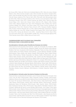 573
FICHA TÉCNICA
de Sousa (RN), Maria de Fátima de Andrade Bezerra (PE), Maria de Jesus Araújo
Ribeiro (CE), Maria Gomes Cordeiro (AC), Maria Gorethi dos Santos Camelo (MA),
Maria Jose Fernandes dos Reis Fink (RS), Maria Lúcia Pessoa Sampaio (RN), Maria
Rita de Cássia Labanca (TO), Mariza Salvi (RO), Marxwell José Albuquerque Alves
da Silva (PE), Nilson de Souza Cardoso (CE), Norma Lúcia de Queiroz (DF), Otair
Rodrigues Rondon Filho (MT), Ozana Guterres de Abreu (MA), Patrícia Maria de
Souza Régio (AC), Raimundo Araujo Costa Sobrinho (PI), Regina Célia Moraes
Vieira (AM), Regina Efigenia de Jesus Silva Rodrigues (GO), Rizalva dos Santos
Cardoso Rabêlo (PI), Robson Vila Nova Lopes (TO), Rosa Cristina Cavalcanti de
Albuquerque Pires (SC), Rosemai Maria Victorio (MT), Rossana Padilha Negreira
(RS), Rudson Adriano Rossato da Luz (RS), Sabrina Machado Campos(RJ), Sandra
Helena Ataíde de Lima (PA), Sérgio Augusto Domingues (MG), Silvia Sueli Santos
da Silva (PA), Soraya de Oliveira Lima (AM) , Sulamita Maria Comini César (MG),
Suzy de Castro Alves (SC), Taciana Balth Jordão (MT), Tania Conceição Iglesias PR),
Tânia Dantas Gama (PB) e Willas Dias da Costa (AM).
COORDENADORES INSTITUCIONAIS DAS COMISSÕES
ESTADUAIS PARA A DISCUSSÃO DA BNCC
Coordenadores indicados pelas Presidências Estaduais da Undime
Maria Izauníria Nunes da Silva (AC/Undime), Josefa da Conceição (AL/Undime), Silleti
Lúcia Sarubi de Lyra (AM/Undime), Cleiberton Riullen Souza dos Santos (AP/Undime),
Rosilene Vila Nova Cavalcante (BA/Undime), Regivaldo Freires da Silva (CE/Undime),
Jomaira Ramos de Freitas Mariano (ES/Undime), Luciana Barbosa Cândido Carniello
(GO/Undime), Maria Gorethi dos Santos Camelo (MA/Undime), Maria Virgínia Morais
Garcia (MG/Undime), Marilda Fernandes de Oliveira Coelho (MS/Undime), Lenir de
Fátima Alves Ferreira Vronski (MT/Undime), Nair Cristine da Silva Mascarenhas (PA/
Undime), Rosilda Maria Silva (PB/Undime), Aderito Hilton do Nascimento (PE/Undime),
Antônio de Sousa (PI/Undime), Alessandro Cristian Vin Linsingen (PR/Undime), Andrea
Machado Pereira de Carvalho (RJ/Undime), Andrea Carla Pereira Campos Cunha (RN/
Undime), Maria Edineide de Almeida Batista (RN/Undime), Mariza Salvi (RO/Undime),
Kennedy Leite da Silva (RR/Undime), Márcia Adriana de Carvalho (RS/Undime), Mareni
de Fátima Rosa da Silva (SC/Undime), Paulo Roberto Caduda Santos (SE/Undime),
Maridalva Oliveira Amorim Bertacini (SP/Undime) e Cristiane Terezinha Vidotti (TO/
Undime).
Coordenadores indicados pelas Secretarias Estaduais de Educação
Rúbia de Abreu Cavalcante (AC/Consed), Laura Cristiane de Souza (AL/Consed), Vera
Lúcia Lima da Silva (AM/Consed), Ailton Asdrubal Cardoso Guedes (AP/Consed),
Valdirene Oliveira Souza (BA/Consed), Betânia Maria Gomes Raquel (CE/Consed), Rita
de Cacia V.M. de Sousa (DF/Consed), João Paulo Derocy Cêpa (ES/Consed), Wisley
João Pereira (GO/Consed), Silvana Maria Machado Bastos (MA/Consed), Augusta
Aparecida Neves de Mendonça (MG/Consed), Hélio Queiroz Daher (MS/Consed),
Otair Rodrigues Rondon Filho (MT/Consed), Maria Beatriz Mandelert Padovani (PA/
Consed), Aparecida de Fátima Uchoa Rangel (PB/Consed), Ana Coelho Vieira Selva
(PE/Consed), Carlos Alberto Pereira da Silva (PI/Consed), Rosângela Bezerra de Melo
(PR/Consed), Fabiano Farias de Souza (RJ/Consed), Alessandro Augusto de Azevedo
(RN/Consed), Joel Domingos Pereira (RO/Consed), Márcia Helena Maia de Lima (RR/
Consed), Maria José Fernandes dos Reis Fink (RS/Consed), Júlia Siqueira da Rocha
(SC/Consed), Gabriela Zelice de Queiroz da Cruz (SE/Consed), Ghisleine Trigo Silveira
(SP/Consed) e Divino Mariosan Rodrigues de Siqueira (TO/Consed).
 
