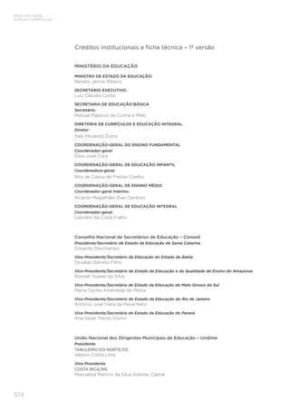 574
BASE NACIONAL
COMUM CURRICULAR
Créditos institucionais e ficha técnica – 1ª versão
MINISTÉRIO DA EDUCAÇÃO
MINISTRO DE ESTADO DA EDUCAÇÃO:
Renato Janine Ribeiro
SECRETÁRIO EXECUTIVO:
Luiz Cláudio Costa
SECRETARIA DE EDUCAÇÃO BÁSICA
Secretário:
Manuel Palacios da Cunha e Melo
DIRETORIA DE CURRÍCULOS E EDUCAÇÃO INTEGRAL
Diretor:
Ítalo Modesto Dutra
COORDENAÇÃO-GERAL DO ENSINO FUNDAMENTAL
Coordenador-geral:
Élsio José Corá
COORDENAÇÃO-GERAL DE EDUCAÇÃO INFANTIL
Coordenadora-geral:
Rita de Cássia de Freitas Coelho
COORDENAÇÃO-GERAL DE ENSINO MÉDIO
Coordenador-geral Interino:
Ricardo Magalhães Dias Cardozo
COORDENAÇÃO-GERAL DE EDUCAÇÃO INTEGRAL
Coordenador-geral:
Leandro da Costa Fialho
Conselho Nacional de Secretários de Educação – Consed
Presidente/Secretário de Estado da Educação de Santa Catarina
Eduardo Deschamps
Vice-Presidente/Secretário da Educação do Estado da Bahia
Osvaldo Barreto Filho
Vice-Presidente/Secretário de Estado da Educação e da Qualidade de Ensino do Amazonas
Rossieli Soares da Silva
Vice-Presidente/Secretária de Estado da Educação de Mato Grosso do Sul
Maria Cecília Amendola da Motta
Vice-Presidente/Secretário de Estado da Educação do Rio de Janeiro
Antônio José Viera de Paiva Neto
Vice-Presidente/Secretária de Estado da Educação do Paraná
Ana Seres Trento Comin
União Nacional dos Dirigentes Municipais de Educação – Undime
Presidente
TABULEIRO DO NORTE/CE
Alessio Costa Lima
Vice-Presidenta
COSTA RICA/MS
Manuelina Martins da Silva Arantes Cabral
 