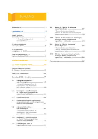 Apresentação................................................................. 5
1. INTRODUÇÃO............................................................. 7	 
A Base Nacional
Comum Curricular.............................................................7
* Competências gerais da
Educação Básica.....................................................9
Os marcos legais que
embasam a BNCC............................................................10
Os fundamentos
pedagógicos da BNCC................................................... 13
O pacto interfederativo e a
implementação da BNCC.
.............................................. 15
2. ESTRUTURA DA BNCC............................................23
5. A ETAPA DO ENSINO MÉDIO...............................461
O Ensino Médio no contexto
da Educação Básica......................................................461
A BNCC do Ensino Médio...........................................468
Currículos: BNCC e itinerários....................................471
5.1.	 A área de Linguagens e 	
	 suas Tecnologias.
......................................... 473
* Competências específicas de
Linguagens e suas Tecnologias
para o Ensino Médio.
..........................................481
5.1.1.	 Linguagens e suas Tecnologias
no Ensino Médio: competências
específicas e habilidades..............................483
5.1.2	 Língua Portuguesa.
........................................ 490
5.1.2.1.	 Língua Portuguesa no Ensino Médio:
campos de atuação social, competências
específicas e habilidades..............................497
5.2.	 A área de Matemática e 	
	 suas Tecnologias.
..........................................517
* Competências específicas de
Matemática e suas Tecnologias
para o Ensino Médio.
......................................... 523
5.2.1.	 Matemática e suas Tecnologias
no Ensino Médio: competências
específicas e habilidades..............................524
5.2.1.1.	 Considerações sobre a
organização curricular.
..................................534
5.3.	 A área de Ciências da Natureza 	
	 e suas Tecnologias...................................... 537
* Competências específicas de
Ciências da Natureza e suas Tecnologias
para o Ensino Médio.
......................................... 539
5.3.1.	 Ciências da Natureza e suas Tecnologias
no Ensino Médio: competências
específicas e habilidades............................. 540
5.4.	 A área de Ciências Humanas e 	
	 Sociais Aplicadas........................................ 547
* Competências específicas de
Ciências Humanas e Sociais Aplicadas
para o Ensino Médio.
......................................... 558
5.4.1.	 Ciências Humanas e Sociais Aplicadas
no Ensino Médio: competências
específicas e habilidades..............................559
Ficha técnica.
.................................................................567
SUMÁRIO
 