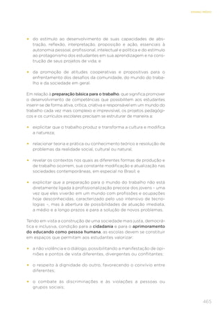 465
ENSINO MÉDIO
•	 do estímulo ao desenvolvimento de suas capacidades de abs-
tração, reflexão, interpretação, proposição e ação, essenciais à
autonomia pessoal, profissional, intelectual e política e do estímulo
ao protagonismo dos estudantes em sua aprendizagem e na cons-
trução de seus projetos de vida; e
•	 da promoção de atitudes cooperativas e propositivas para o
enfrentamento dos desafios da comunidade, do mundo do traba-
lho e da sociedade em geral.
Em relação à preparação básica para o trabalho, que significa promover
o desenvolvimento de competências que possibilitem aos estudantes
inserir-se de forma ativa, crítica, criativa e responsável em um mundo do
trabalho cada vez mais complexo e imprevisível, os projetos pedagógi-
cos e os currículos escolares precisam se estruturar de maneira a:
•	 explicitar que o trabalho produz e transforma a cultura e modifica
a natureza;
•	 relacionar teoria e prática ou conhecimento teórico e resolução de
problemas da realidade social, cultural ou natural;
•	 revelar os contextos nos quais as diferentes formas de produção e
de trabalho ocorrem, sua constante modificação e atualização nas
sociedades contemporâneas, em especial no Brasil; e
•	 explicitar que a preparação para o mundo do trabalho não está
diretamente ligada à profissionalização precoce dos jovens – uma
vez que eles viverão em um mundo com profissões e ocupações
hoje desconhecidas, caracterizado pelo uso intensivo de tecno-
logias –, mas à abertura de possibilidades de atuação imediata,
a médio e a longo prazos e para a solução de novos problemas.
Tendo em vista a construção de uma sociedade mais justa, democrá-
tica e inclusiva, condição para a cidadania e para o aprimoramento
do educando como pessoa humana, as escolas devem se constituir
em espaços que permitam aos estudantes valorizar:
•	 a não violência e o diálogo, possibilitando a manifestação de opi-
niões e pontos de vista diferentes, divergentes ou conflitantes;
•	 o respeito à dignidade do outro, favorecendo o convívio entre
diferentes;
•	 o combate às discriminações e às violações a pessoas ou
grupos sociais;
 