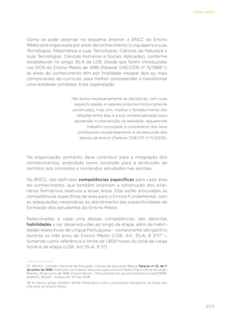469
ENSINO MÉDIO
Como se pode observar no esquema anterior, a BNCC do Ensino
Médio está organizada por áreas de conhecimento (Linguagens e suas
Tecnologias, Matemática e suas Tecnologias, Ciências da Natureza e
suas Tecnologias, Ciências Humanas e Sociais Aplicadas), conforme
estabelecido no artigo 35-A da LDB. Desde que foram introduzidas
nas DCN do Ensino Médio de 1998 (Parecer CNE/CEB nº 15/199857
),
as áreas do conhecimento têm por finalidade integrar dois ou mais
componentes do currículo, para melhor compreender e transformar
uma realidade complexa. Essa organização
não exclui necessariamente as disciplinas, com suas
especificidades e saberes próprios historicamente
construídos, mas, sim, implica o fortalecimento das
relações entre elas e a sua contextualização para
apreensão e intervenção na realidade, requerendo
trabalho conjugado e cooperativo dos seus
professores no planejamento e na execução dos
planos de ensino (Parecer CNE/CP nº 11/2009).
Tal organização, portanto, deve contribuir para a integração dos
conhecimentos, entendida como condição para a atribuição de
sentidos aos conceitos e conteúdos estudados nas escolas.
Na BNCC, são definidas competências específicas para cada área
do conhecimento, que também orientam a construção dos itine-
rários formativos relativos a essas áreas. Elas estão articuladas às
competências específicas de área para o Ensino Fundamental, com
as adequações necessárias ao atendimento das especificidades de
formação dos estudantes do Ensino Médio.
Relacionadas a cada uma dessas competências, são descritas
habilidades a ser desenvolvidas ao longo da etapa, além de habili-
dades específicas de Língua Portuguesa – componente obrigatório
durante os três anos do Ensino Médio (LDB, Art. 35-A, § 3º)58
–,
tomando como referência o limite de 1.800 horas do total da carga
horária da etapa (LDB, Art.35-A, § 5º).
57	 BRASIL. Conselho Nacional de Educação; Câmara de Educação Básica. Parecer nº 15, de 1º
de junho de 1998. Diretrizes Curriculares Nacionais para o Ensino Médio. Diário Oficial da União,
Brasília, 26 de junho de 1998. Disponível em: <http://portal.mec.gov.br/cne/arquivos/pdf/1998/
pceb015_98.pdf>. Acesso em: 19 mar. 2018.
58	 O mesmo artigo também define Matemática como componente obrigatório ao longo dos
três anos do Ensino Médio.
 
