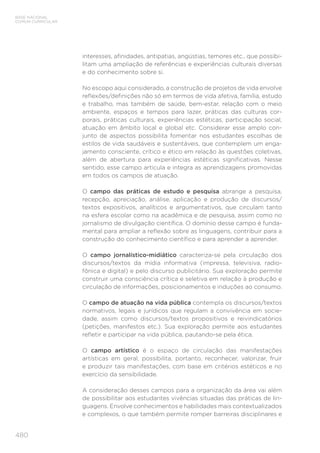 480
BASE NACIONAL
COMUM CURRICULAR
interesses, afinidades, antipatias, angústias, temores etc., que possibi-
litam uma ampliação de referências e experiências culturais diversas
e do conhecimento sobre si.
No escopo aqui considerado, a construção de projetos de vida envolve
reflexões/definições não só em termos de vida afetiva, família, estudo
e trabalho, mas também de saúde, bem-estar, relação com o meio
ambiente, espaços e tempos para lazer, práticas das culturas cor-
porais, práticas culturais, experiências estéticas, participação social,
atuação em âmbito local e global etc. Considerar esse amplo con-
junto de aspectos possibilita fomentar nos estudantes escolhas de
estilos de vida saudáveis e sustentáveis, que contemplem um enga-
jamento consciente, crítico e ético em relação às questões coletivas,
além de abertura para experiências estéticas significativas. Nesse
sentido, esse campo articula e integra as aprendizagens promovidas
em todos os campos de atuação.
O campo das práticas de estudo e pesquisa abrange a pesquisa,
recepção, apreciação, análise, aplicação e produção de discursos/
textos expositivos, analíticos e argumentativos, que circulam tanto
na esfera escolar como na acadêmica e de pesquisa, assim como no
jornalismo de divulgação científica. O domínio desse campo é funda-
mental para ampliar a reflexão sobre as linguagens, contribuir para a
construção do conhecimento científico e para aprender a aprender.
O campo jornalístico-midiático caracteriza-se pela circulação dos
discursos/textos da mídia informativa (impressa, televisiva, radio-
fônica e digital) e pelo discurso publicitário. Sua exploração permite
construir uma consciência crítica e seletiva em relação à produção e
circulação de informações, posicionamentos e induções ao consumo.
O campo de atuação na vida pública contempla os discursos/textos
normativos, legais e jurídicos que regulam a convivência em socie-
dade, assim como discursos/textos propositivos e reivindicatórios
(petições, manifestos etc.). Sua exploração permite aos estudantes
refletir e participar na vida pública, pautando-se pela ética.
O campo artístico é o espaço de circulação das manifestações
artísticas em geral, possibilita, portanto, reconhecer, valorizar, fruir
e produzir tais manifestações, com base em critérios estéticos e no
exercício da sensibilidade.
A consideração desses campos para a organização da área vai além
de possibilitar aos estudantes vivências situadas das práticas de lin-
guagens. Envolve conhecimentos e habilidades mais contextualizados
e complexos, o que também permite romper barreiras disciplinares e
 