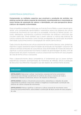 487
LINGUAGENS E SUAS TECNOLOGIAS
ENSINO MÉDIO
COMPETÊNCIA ESPECÍFICA 5
Compreender os múltiplos aspectos que envolvem a produção de sentidos nas
práticas sociais da cultura corporal de movimento, reconhecendo-as e vivenciando-as
como formas de expressão de valores e identidades, em uma perspectiva demo-
crática e de respeito à diversidade.
Essa competência específica indica que, ao final do Ensino Médio, o jovem deverá apre-
sentar uma compreensão aprofundada e sistemática acerca da presença da cultura
corporal de movimento em sua vida e na sociedade, incluindo os fatores sociais, cul-
turais, ideológicos, econômicos e políticos envolvidos nas práticas e discursos que
circulam sobre elas. Prevê também que o jovem valorize a vivência das práticas da
cultura corporal de movimento como formas privilegiadas de construção da própria
identidade, autoconhecimento e propagação de valores democráticos.
Cada conjunto de práticas da cultura corporal de movimento (danças, lutas, ginásticas,
esportes e jogos) apresenta especificidades de produção da linguagem corporal e de
valores e sentidos atribuídos às suas práticas. Essa diversidade de modos de praticar e
significar a cultura corporal de movimento é objeto de aprendizagem da área, a fim de
proporcionar aos jovens incorporar a cultura corporal de movimento em seus projetos
de vida de forma crítica e consciente.
Para o desenvolvimento dessa competência, é fundamental que os jovens tenham
experiências corporais acompanhadas de momentos de reflexão, leitura e produção
de discursos nas diferentes linguagens que são objetos de conhecimento da área.
HABILIDADES
(EM13LGG501) Selecionar e utilizar movimentos corporais de forma consciente e
intencional para interagir socialmente em práticas da cultura corporal, de modo a
estabelecer relações construtivas, éticas e de respeito às diferenças.
(EM13LGG502) Analisar criticamente preconceitos, estereótipos e relações de poder
subjacentes às práticas e discursos verbais e imagéticos na apreciação e produção das
práticas da cultura corporal de movimento.
(EM13LGG503) Praticar, significar e valorizar a cultura corporal de movimento como
forma de autoconhecimento, autocuidado e construção de laços sociais em seus projetos
de vida.
 