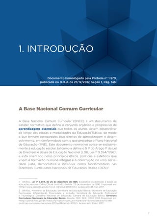 7
INTRODUÇÃO
A Base Nacional Comum Curricular
A Base Nacional Comum Curricular (BNCC) é um documento de
caráter normativo que define o conjunto orgânico e progressivo de
aprendizagens	essenciais que todos os alunos devem desenvolver
ao longo das etapas e modalidades da Educação Básica, de modo
a que tenham assegurados seus direitos de aprendizagem e desen-
volvimento, em conformidade com o que preceitua o Plano Nacional
de Educação (PNE). Este documento normativo aplica-se exclusiva-
mente à educação escolar, tal como a define o § 1º do Artigo 1º da Lei
de Diretrizes e Bases da Educação Nacional (LDB, Lei nº 9.394/1996)1
,
e está orientado pelos princípios éticos, políticos e estéticos que
visam à formação humana integral e à construção de uma socie-
dade justa, democrática e inclusiva, como fundamentado nas
Diretrizes Curriculares Nacionais da Educação Básica (DCN)2
.
1 BRASIL. Lei nº 9.394, de 20 de dezembro de 1996. Estabelece as diretrizes e bases da
educação nacional. Diário Oficial da União, Brasília, 23 de dezembro de 1996. Disponível em:
<http://www.planalto.gov.br/ccivil_03/leis/L9394.htm>. Acesso em: 23 mar. 2017.
2 BRASIL. Ministério da Educação; Secretaria de Educação Básica; Secretaria de Educação
Continuada, Alfabetização, Diversidade e Inclusão; Secretaria de Educação Profissional
e Tecnológica. Conselho Nacional de Educação; Câmara de Educação Básica. Diretrizes
Curriculares Nacionais da Educação Básica. Brasília: MEC; SEB; DICEI, 2013. Disponível em:
<http://portal.mec.gov.br/index.php?option=com_docman&view=download&alias=13448-
diretrizes-curiculares-nacionais-2013-pdf&Itemid=30192>. Acesso em: 16 out. 2017.
1. INTRODUÇÃO
Documento homologado pela Portaria n° 1.570,
publicada no D.O.U. de 21/12/2017, Seção 1, Pág. 146.
 