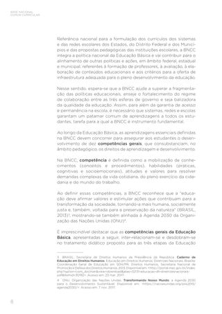 8
BASE NACIONAL
COMUM CURRICULAR
Referência nacional para a formulação dos currículos dos sistemas
e das redes escolares dos Estados, do Distrito Federal e dos Municí-
pios e das propostas pedagógicas das instituições escolares, a BNCC
integra a política nacional da Educação Básica e vai contribuir para o
alinhamento de outras políticas e ações, em âmbito federal, estadual
e municipal, referentes à formação de professores, à avaliação, à ela-
boração de conteúdos educacionais e aos critérios para a oferta de
infraestrutura adequada para o pleno desenvolvimento da educação.
Nesse sentido, espera-se que a BNCC ajude a superar a fragmenta-
ção das políticas educacionais, enseje o fortalecimento do regime
de colaboração entre as três esferas de governo e seja balizadora
da qualidade da educação. Assim, para além da garantia de acesso
e permanência na escola, é necessário que sistemas, redes e escolas
garantam um patamar comum de aprendizagens a todos os estu-
dantes, tarefa para a qual a BNCC é instrumento fundamental.
Ao longo da Educação Básica, as aprendizagens essenciais definidas
na BNCC devem concorrer para assegurar aos estudantes o desen-
volvimento de dez competências gerais, que consubstanciam, no
âmbito pedagógico, os direitos de aprendizagem e desenvolvimento.
Na BNCC, competência é definida como a mobilização de conhe-
cimentos (conceitos e procedimentos), habilidades (práticas,
cognitivas e socioemocionais), atitudes e valores para resolver
demandas complexas da vida cotidiana, do pleno exercício da cida-
dania e do mundo do trabalho.
Ao definir essas competências, a BNCC reconhece que a “educa-
ção deve afirmar valores e estimular ações que contribuam para a
transformação da sociedade, tornando-a mais humana, socialmente
justa e, também, voltada para a preservação da natureza” (BRASIL,
2013)3
, mostrando-se também alinhada à Agenda 2030 da Organi-
zação das Nações Unidas (ONU)4
.
É imprescindível destacar que as competências gerais da Educação
Básica, apresentadas a seguir, inter-relacionam-se e desdobram-se
no tratamento didático proposto para as três etapas da Educação
3	 BRASIL. Secretaria de Direitos Humanos da Presidência da República. Caderno de
Educação em Direitos Humanos. Educação em Direitos Humanos: Diretrizes Nacionais. Brasília:
Coordenação Geral de Educação em SDH/PR, Direitos Humanos, Secretaria Nacional de
Promoção e Defesa dos Direitos Humanos, 2013. Disponível em: <http://portal.mec.gov.br/index.
php?option=com_docman&view=download&alias=32131-educacao-dh-diretrizesnacionais-
pdf&Itemid=30192>. Acesso em: 23 mar. 2017.
4	 ONU. Organização das Nações Unidas. Transformando Nosso Mundo: a Agenda 2030
para o Desenvolvimento Sustentável. Disponível em: <https://nacoesunidas.org/pos2015/
agenda2030/>. Acesso em: 7 nov. 2017.
 