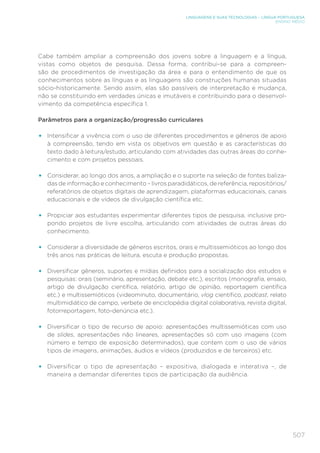 507
LINGUAGENS E SUAS TECNOLOGIAS – LÍNGUA PORTUGUESA
ENSINO MÉDIO
Cabe também ampliar a compreensão dos jovens sobre a linguagem e a língua,
vistas como objetos de pesquisa. Dessa forma, contribui-se para a compreen-
são de procedimentos de investigação da área e para o entendimento de que os
conhecimentos sobre as línguas e as linguagens são construções humanas situadas
sócio-historicamente. Sendo assim, elas são passíveis de interpretação e mudança,
não se constituindo em verdades únicas e imutáveis e contribuindo para o desenvol-
vimento da competência específica 1.
Parâmetros para a organização/progressão curriculares
•	 Intensificar a vivência com o uso de diferentes procedimentos e gêneros de apoio
à compreensão, tendo em vista os objetivos em questão e as características do
texto dado à leitura/estudo, articulando com atividades das outras áreas do conhe-
cimento e com projetos pessoais.
•	 Considerar, ao longo dos anos, a ampliação e o suporte na seleção de fontes baliza-
das de informação e conhecimento – livros paradidáticos, de referência, repositórios/
referatórios de objetos digitais de aprendizagem, plataformas educacionais, canais
educacionais e de vídeos de divulgação científica etc.
•	 Propiciar aos estudantes experimentar diferentes tipos de pesquisa, inclusive pro-
pondo projetos de livre escolha, articulando com atividades de outras áreas do
conhecimento.
•	 Considerar a diversidade de gêneros escritos, orais e multissemióticos ao longo dos
três anos nas práticas de leitura, escuta e produção propostas.
•	 Diversificar gêneros, suportes e mídias definidos para a socialização dos estudos e
pesquisas: orais (seminário, apresentação, debate etc.), escritos (monografia, ensaio,
artigo de divulgação científica, relatório, artigo de opinião, reportagem científica
etc.) e multissemióticos (videominuto, documentário, vlog científico, podcast, relato
multimidiático de campo, verbete de enciclopédia digital colaborativa, revista digital,
fotorreportagem, foto-denúncia etc.).
•	 Diversificar o tipo de recurso de apoio: apresentações multissemióticas com uso
de slides, apresentações não lineares, apresentações só com uso imagens (com
número e tempo de exposição determinados), que contem com o uso de vários
tipos de imagens, animações, áudios e vídeos (produzidos e de terceiros) etc.
•	 Diversificar o tipo de apresentação – expositiva, dialogada e interativa –, de
maneira a demandar diferentes tipos de participação da audiência.
 