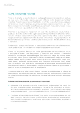 510
BASE NACIONAL
COMUM CURRICULAR
CAMPO JORNALÍSTICO-MIDIÁTICO
Trata-se de ampliar as possibilidades de participação dos jovens nas práticas relativas
ao trato com a informação e opinião, as quais estão no centro da esfera jornalística/
midiática. Para além de consolidar habilidades envolvidas na escuta, leitura e produção
de textos que circulam no campo, o que se pretende é propiciar experiências que man-
tenham os jovens interessados pelos fatos que acontecem na sua comunidade, na sua
cidade e no mundo e que afetam as vidas das pessoas.
Pretende-se que os jovens incorporem em suas vidas a prática de escuta, leitura e
produção de textos pertencentes a gêneros da esfera jornalística em diferentes fontes,
veículos e mídias, e desenvolvam autonomia e pensamento crítico para se situar em
relação a interesses e posicionamentos diversos. Também está em jogo a produção de
textos noticiosos, opinativos e a participação em discussões e debates de forma ética
e respeitosa.
Fenômenos e práticas relacionadas às redes sociais também devem ser tematizados,
assim como devem ser vislumbrados usos mais colaborativos das redes.
Vários são os gêneros possíveis de serem contemplados em atividades de leitura
e produção de textos. Além dos gêneros já elencados para o Ensino Fundamental
(entrevista, reportagem, fotorreportagem, foto-denúncia, artigo de opinião, edito-
rial, resenha crítica, crônica, comentário, debate, vlog noticioso, vlog cultural, meme,
charge, charge digital, political remix, anúncio publicitário, propaganda, jingle, spot,
entre outros), devem ter espaço gêneros mais complexos relacionados com a apura-
ção e o relato de fatos e situações (reportagem multimidiática, documentário) e/ou
com a opinião (crítica da mídia, ensaio e vlog de opinião etc.), tanto no que se refere a
práticas de leitura/recepção quanto às de produção.
Ainda com relação a esse campo, trata-se também de compreender as formas de
persuasão do discurso publicitário e o apelo ao consumo, incluindo discussões sobre
as formas contemporâneas de publicidade utilizadas nas várias mídias e ambientes
digitais.
Parâmetros para a organização/progressão curriculares
•	 Possibilitar que, ao longo dos anos, os estudantes experimentem, de forma sig-
nificativa, diferentes papéis envolvendo a circulação de informação e opinião:
repórter, fotorrepórter, editor, comentador, articulista, curador, leitor (que compar-
tilha, comenta e avalia), crítico de produções culturais, booktuber, vlogger e outros.
•	 Considerar a diversidade de gêneros escritos, orais e multimodais ao longo dos três
anos, buscando o equilíbrio entre os informativos, argumentativos e apreciativos,
entre os mais complexos (documentários, reportagem multimidiática, ensaio etc.)
e os menos complexos.
 