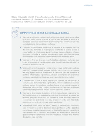 9
INTRODUÇÃO
Básica (Educação Infantil, Ensino Fundamental e Ensino Médio), arti-
culando-se na construção de conhecimentos, no desenvolvimento de
habilidades e na formação de atitudes e valores, nos termos da LDB.
COMPETÊNCIAS GERAIS DA EDUCAÇÃO BÁSICA
1. Valorizar e utilizar os conhecimentos historicamente construídos sobre
o mundo físico, social, cultural e digital para entender e explicar a
realidade, continuar aprendendo e colaborar para a construção de uma
sociedade justa, democrática e inclusiva.
2. Exercitar a curiosidade intelectual e recorrer à abordagem própria
das ciências, incluindo a investigação, a reflexão, a análise crítica, a
imaginação e a criatividade, para investigar causas, elaborar e testar
hipóteses, formular e resolver problemas e criar soluções (inclusive
tecnológicas) com base nos conhecimentos das diferentes áreas.
3. Valorizar e fruir as diversas manifestações artísticas e culturais, das
locais às mundiais, e também participar de práticas diversificadas da
produção artístico-cultural.
4. Utilizar diferentes linguagens – verbal (oral ou visual-motora, como Libras,
e escrita), corporal, visual, sonora e digital –, bem como conhecimentos
das linguagens artística, matemática e científica, para se expressar e
partilhar informações, experiências, ideias e sentimentos em diferentes
contextos e produzir sentidos que levem ao entendimento mútuo.
5. Compreender, utilizar e criar tecnologias digitais de informação e
comunicação de forma crítica, significativa, reflexiva e ética nas diversas
práticas sociais (incluindo as escolares) para se comunicar, acessar e
disseminar informações, produzir conhecimentos, resolver problemas
e exercer protagonismo e autoria na vida pessoal e coletiva.
6. Valorizar a diversidade de saberes e vivências culturais e apropriar-se
de conhecimentos e experiências que lhe possibilitem entender as
relações próprias do mundo do trabalho e fazer escolhas alinhadas
ao exercício da cidadania e ao seu projeto de vida, com liberdade,
autonomia, consciência crítica e responsabilidade.
7. Argumentar com base em fatos, dados e informações confiáveis,
para formular, negociar e defender ideias, pontos de vista e decisões
comuns que respeitem e promovam os direitos humanos, a consciência
socioambiental e o consumo responsável em âmbito local, regional e
global, com posicionamento ético em relação ao cuidado de si mesmo,
dos outros e do planeta.
 