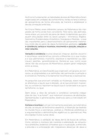 520
BASE NACIONAL
COMUM CURRICULAR
No Ensino Fundamental, as habilidades da área de Matemática foram
organizadas em unidades de conhecimento, tendo-se feito o esforço
de apresentá-las de forma articulada, de maneira a estabelecer a
devida correlação entre elas.
No Ensino Médio, esses diferentes campos da Matemática são inte-
grados de forma ainda mais consistente. Para tanto, são definidos,
nessa etapa, um conjunto de pares de ideias fundamentais que pro-
duzem articulações entre os vários campos – Aritmética, Álgebra,
Geometria, Probabilidade e Estatística, Grandezas e Medidas – e que
são importantes para o desenvolvimento do pensamento matemá-
tico. Estes são os pares de ideias fundamentais adotados: variação
e constância; certeza e incerteza; movimento e posição; relações e
inter-relações.
Variação e constância envolve observar, imaginar, abstrair, discernir
e reconhecer características comuns e diferentes ou o que mudou
e o que permaneceu invariante, expressar e representar (ou des-
crever) padrões, generalizando-os. Reitera-se que, como essas
ideias não são exclusivas da Matemática, podem gerar integração
entre as áreas.
Em Matemática, as classificações que organizam, em grupos, os con-
ceitos, as propriedades e as definições são pertinentes à variação e
à constância. Portanto, é fundamental reconhecê-las e expressá-las.
As perguntas que priorizam variação, ou mudanças, dizem respeito
às diferenças e àquilo que é alterado. Já as que priorizam invarian-
tes, ou constância, reportam-se àquilo que é conservado e ao que é
semelhante, ou igual.
Além disso, a ideia de variação e constância comporta indaga-
ções do tipo “e se fosse?”, que mobilizam processos de abstrações,
representações e generalizações, essenciais para a criatividade em
Matemática.
Certeza e incerteza é um par normalmente associado, na matemática
escolar, ao estudo de fenômenos aleatórios, à obtenção de medidas
no mundo físico, a estimativas, análises e inferências estatísticas e
a argumentações e demonstrações algébricas ou geométricas. Mas
ela engloba muitas outras ideias.
Em Matemática, a validação de ideias deriva da busca de certeza.
Como certeza e incerteza são inerentes à elaboração de conjectu-
ras e predições, podemos considerar que a visualização, a antevisão,
a previsão e a antecipação são inseparáveis desse par de ideias e
 