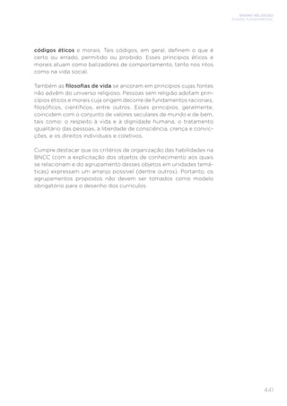 ENSINO RELIGIOSO
ENSINO FUNDAMENTAL
441
códigos éticos e morais. Tais códigos, em geral, deﬁnem o que é
certo ou errado, permitido ou proibido. Esses princípios éticos e
morais atuam como balizadores de comportamento, tanto nos ritos
como na vida social.
Também as ﬁlosoﬁas de vida se ancoram em princípios cujas fontes
não advêm do universo religioso. Pessoas sem religião adotam prin-
cípios éticos e morais cuja origem decorre de fundamentos racionais,
ﬁlosóﬁcos, cientíﬁcos, entre outros. Esses princípios, geralmente,
coincidem com o conjunto de valores seculares de mundo e de bem,
tais como: o respeito à vida e à dignidade humana, o tratamento
igualitário das pessoas, a liberdade de consciência, crença e convic-
ções, e os direitos individuais e coletivos.
Cumpre destacar que os critérios de organização das habilidades na
BNCC (com a explicitação dos objetos de conhecimento aos quais
se relacionam e do agrupamento desses objetos em unidades temá-
ticas) expressam um arranjo possível (dentre outros). Portanto, os
agrupamentos propostos não devem ser tomados como modelo
obrigatório para o desenho dos currículos.
 