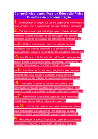 Competências específicas da Educação Física
Questões de problematização
1.Compreender a origem da cultura corporal de movimento e
seus vínculos com a organização da vida coletiva e individual.
2. Planejar e empregar estratégias para resolver desafios e
aumentar as possibilidades de aprendizagem das práticas
corporais, além de se envolver no processo de ampliação do
ace3. Refletir, criticamente, sobre as relações entre a
realização das práticas corporais e os processos de
saúde/doença, inclusive no contexto das atividades laborais.rvo
c4. Identificar a multiplicidade de padrões de desempenho,
saúde, beleza e estética corporal, analisando, criticamente, os
modelos disseminados na mídia e discutir posturas
con5. Identificar as formas de produção dos preconceitos,
compreender seus efeitos e combater posicionamentos
discriminatórios em relação às práticas corporais e aos seus
p6. Interpretar e recriar os valores, os sentidos e os
significados atribuídos às diferentes práticas corporais, bem
como aos sujeitos que delas participam.articipantes.sumistas e
pre7. Reconhecer as práticas corporais como elementos
constitutivos da identidade cultural dos povos e
grupo8. Usufruir das práticas corporais de forma autônoma
para potencializar o envolvimento em contextos de lazer,
ampliar as redes de sociabilidade e a promoção da saúde.
9. Reconhecer o acesso às práticas corporais como direito
do cidadão, propondo e produzindo alternativas para sua
 