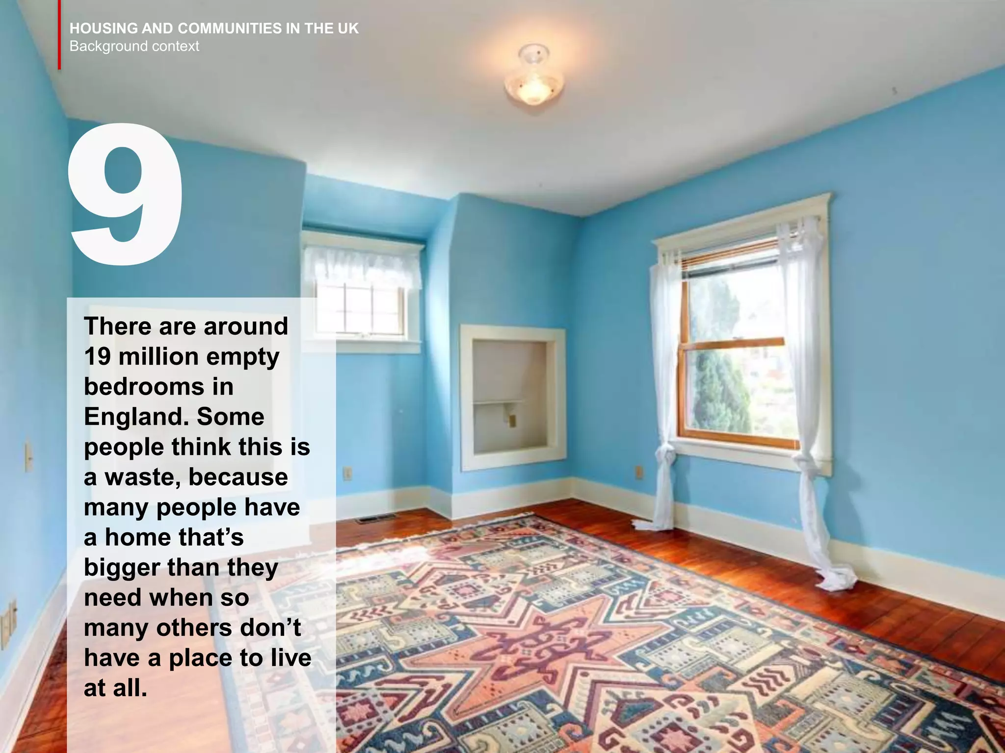 HOUSING AND COMMUNITIES IN THE UK
Background context
There are around
19 million empty
bedrooms in
England. Some
people think this is
a waste, because
many people have
a home that’s
bigger than they
need when so
many others don’t
have a place to live
at all.
9
 