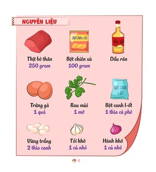 4
NGUYÊN LIỆU
Thịt bò thăn
250 gram
Trứng gà
1 quả
Vừng trắng
2 thìa canh
Bột chiên xù
100 gram
Rau mùi
1 mớ
Hành khô
1 củ nhỏ
Dầu rán
Bột canh I-ốt
1 thìa cà phê
Tỏi khô
1 củ nhỏ
 