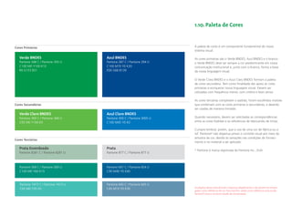 1.10. Paleta de Cores


Cores Primárias                                                       A paleta de cores é um componente fundamental do nosso
                                                                      sistema visual.

   Verde BNDES                       Azul BNDES                       As cores primárias são o Verde BNDES, Azul BNDES e o branco:
   Pantone 348 C / Pantone 355 U     Pantone 287 C / Pantone 294 U    o Verde BNDES deve ser sempre a cor predominante em nossa
   C100 M0 Y100 K10                  C100 M70 Y0 K20                  comunicação institucional e, junto com o branco, forma a base
   R0 G153 B51                       R30 G66 B139                     da nossa linguagem visual.

                                                                      O Verde Claro BNDES e o Azul Claro BNDES formam a paleta
                                                                      de cores secundária. Tem como ﬁnalidade dar apoio às cores
                                                                      primárias e enriquecer nossa linguagem visual. Devem ser
                                                                      utilizadas com frequência menor, com critério e bom senso.

                                                                      As cores terciárias completam o padrão, foram escolhidos matizes
Cores Secundárias                                                     que combinam com as cores primárias e secundárias, e deverão
                                                                      ser usadas de maneira limitada.
   Verde Claro BNDES                 Azul Claro BNDES
   Pantone 369 C / Pantone 368 U     Pantone 300 C / Pantone 3005 U   Quando necessário, devem ser solicitadas as correspondências
   C65 M0 Y100 K0                    C100 M45 Y0 K0                   entre as cores Padrões e as referências de fabricantes de tintas.

                                                                      Cumpre lembrar, porém, que o uso de uma cor de fábrica ou a
                                                                      ref. Pantone® não dispensa jamais o controle visual por meio da
                                                                      amostra de cor, devido às variações nas condições de forneci-
Cores Terciárias
                                                                      mento e no material a ser aplicado.

   Prata Esverdeado                  Prata
                                                                      * Pantone é marca registrada da Pantone Inc., EUA.
   Pantone 8281 C / Pantone 8281 U   Pantone 877 C / Pantone 877 U



   Pantone 569 C / Pantone 569 U     Pantone 647 C / Pantone 654 U
   C100 M0 Y60 K15                   C90 M40 Y0 K40



   Pantone 7473 C / Pantone 7473 U   Pantone 645 C / Pantone 645 U
   C65 M0 Y35 K0                     C45 M10 Y0 K30                   As páginas deste manual foram impressas digitalmente e não devem ser empre-
                                                                      gadas como referência de cor. Para esse fim, utilize como referência uma escala
                                                                      Pantone® nova e em bom estado de conservação.
 