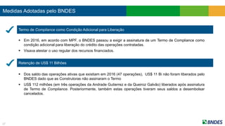 Medidas Adotadas pelo BNDES
 Em 2016, em acordo com MPF, o BNDES passou a exigir a assinatura de um Termo de Compliance como
condição adicional para liberação do crédito das operações contratadas.
 Visava atestar o uso regular dos recursos financiados.
 Dos saldo das operações ativas que existiam em 2016 (47 operações), US$ 11 Bi não foram liberados pelo
BNDES dado que as Construtoras não assinaram o Termo
 US$ 112 milhões (em três operações da Andrade Gutierrez e da Queiroz Galvão) liberados após assinatura
de Termo de Compliance. Posteriormente, também estas operações tiveram seus saldos a desembolsar
cancelados.
17
Termo de Compliance como Condição Adicional para Liberação
Retenção de US$ 11 Bilhões
 