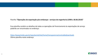 19
Planilha “Operações de exportação pós-embarque - serviços de engenharia (1998 a 30.06.2019)”
Essa planilha contém os detalhes de todas as operações de financiamento às exportações de serviço
poderão ser encontradas no endereço:
https://www.bndes.gov.br/wps/portal/site/home/transparencia/centraldedownloads
Última planilha neste endereço
 