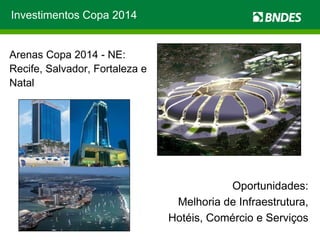 Investimentos Copa 2014 Arenas Copa 2014 - NE:  Recife, Salvador, Fortaleza e Natal Oportunidades: Melhoria de Infraestrutura, Hotéis, Comércio e Serviços 