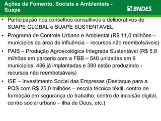 Ações de Fomento, Sociais e Ambientais - Suape Participação nos conselhos consultivos e deliberativos de SUAPE GLOBAL e SUAPE SUSTENTAVEL Programa de Controle Urbano e Ambiental (R$ 11,0 milhões – municípios da área de influência – recursos não reembolsáveis) PAIS – Produção Agroecológica Integrada Sustentável (R$ 5,8 milhões em parceria com a FBB – 540 unidades em 9 municípios, 436 já implantadas e 390 estão produzindo - recursos não reembolsáveis) ISE – Investimento Social das Empresas (Destaque para a PQS com R$ 25,0 milhões – escola técnica têxtil, centro de formação em segurança do trabalho, centro de inclusão digital, centro social urbano – ilha de Deus, etc.) 